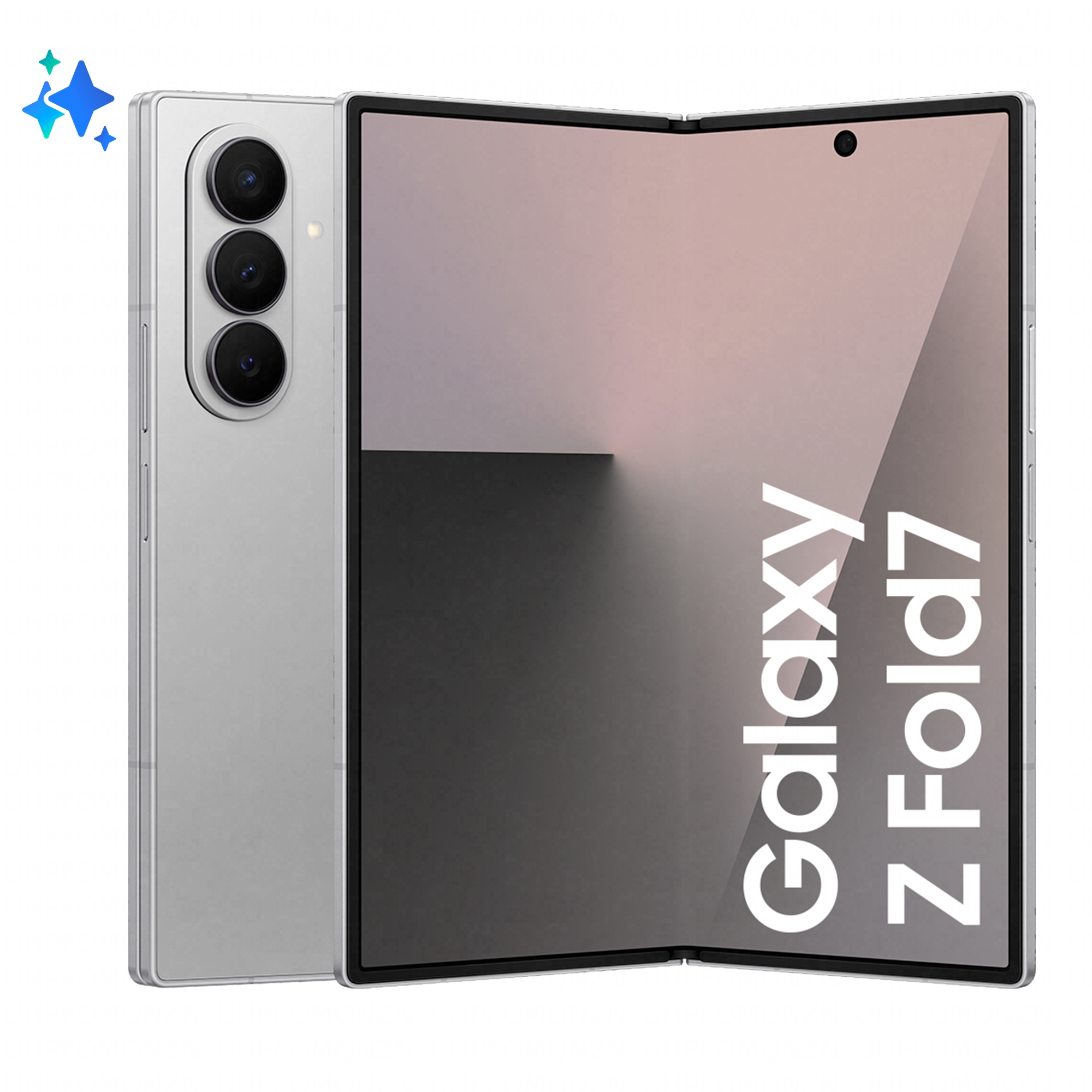 Srebrny smartfon Samsung Galaxy Z Fold7, wpół otwarty z trzema aparatami.
