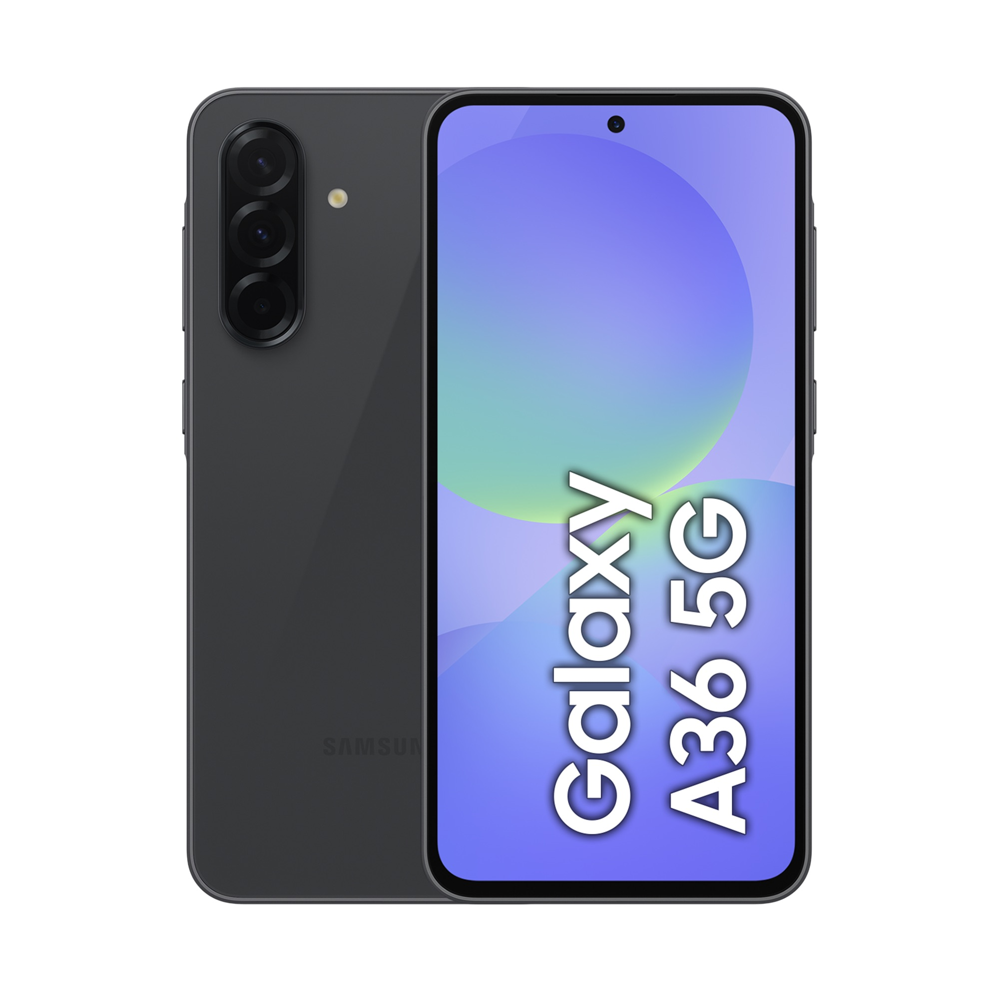 Ciemnoszary smartfon Samsung Galaxy A36 5G z trzema tylnymi aparatami.