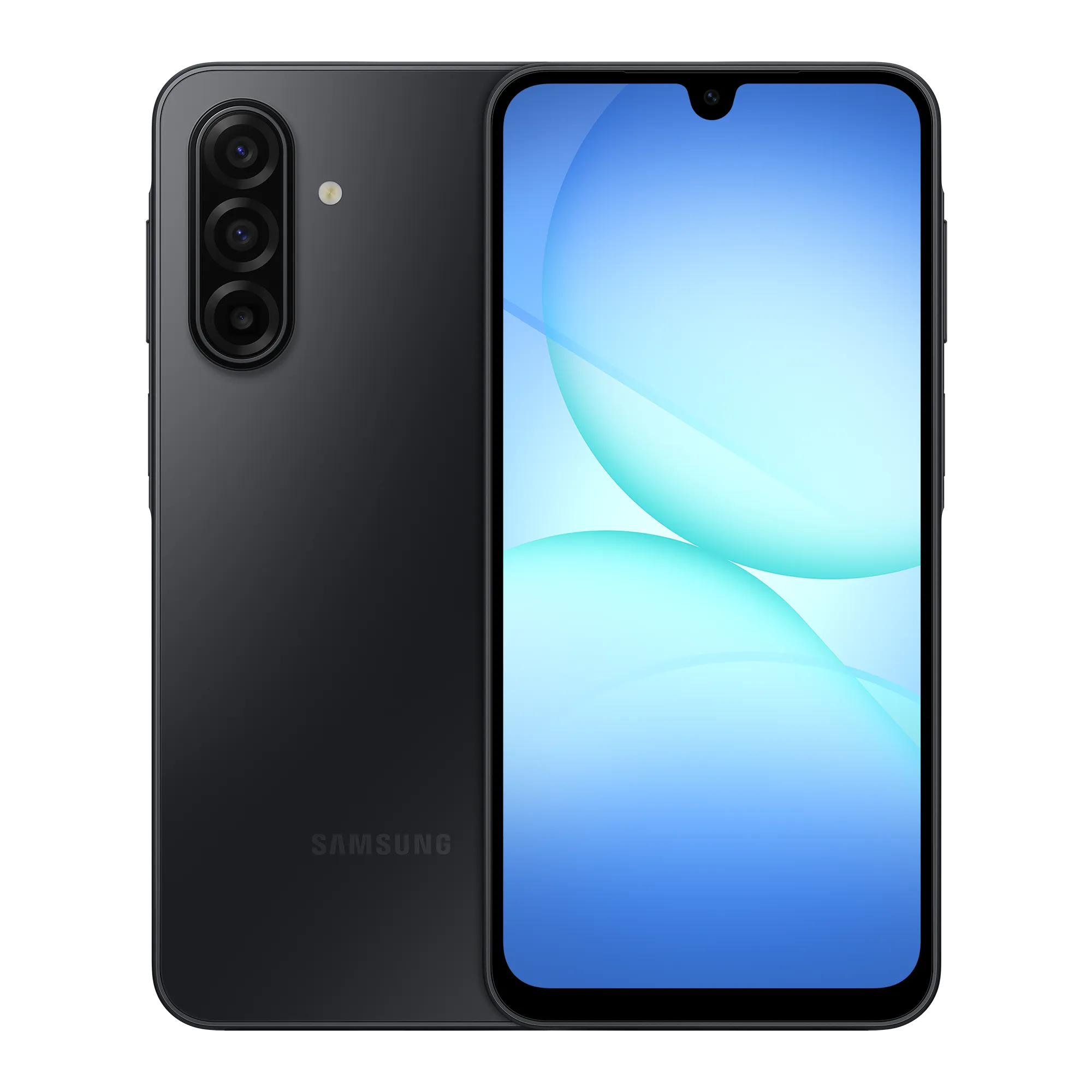 Ein graues Samsung Smartphone mit drei Kameras auf der Rückseite und einem blauen Bildschirm.