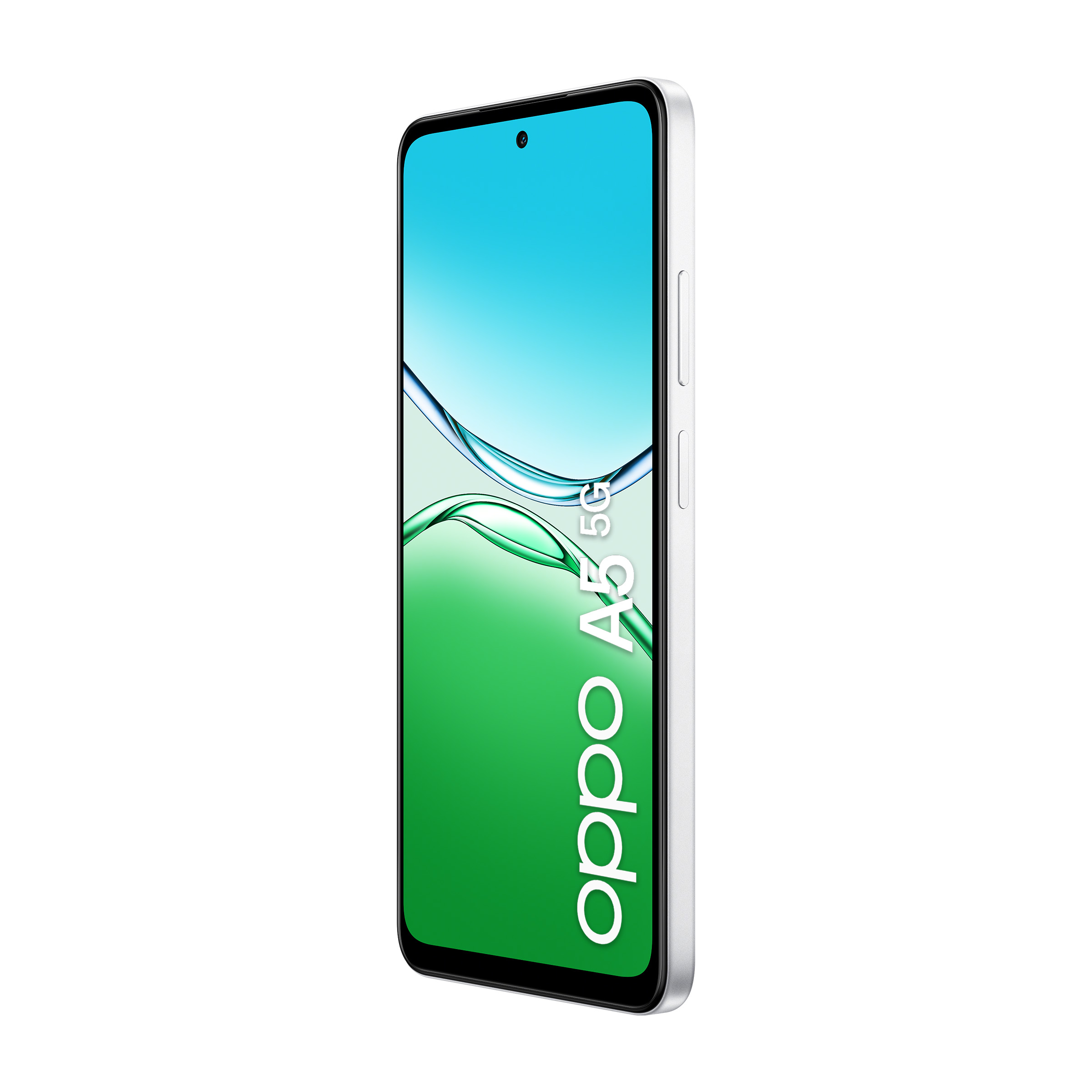 Srebrny smartfon Oppo A5 5G na białym tle, pokazujący ekran.