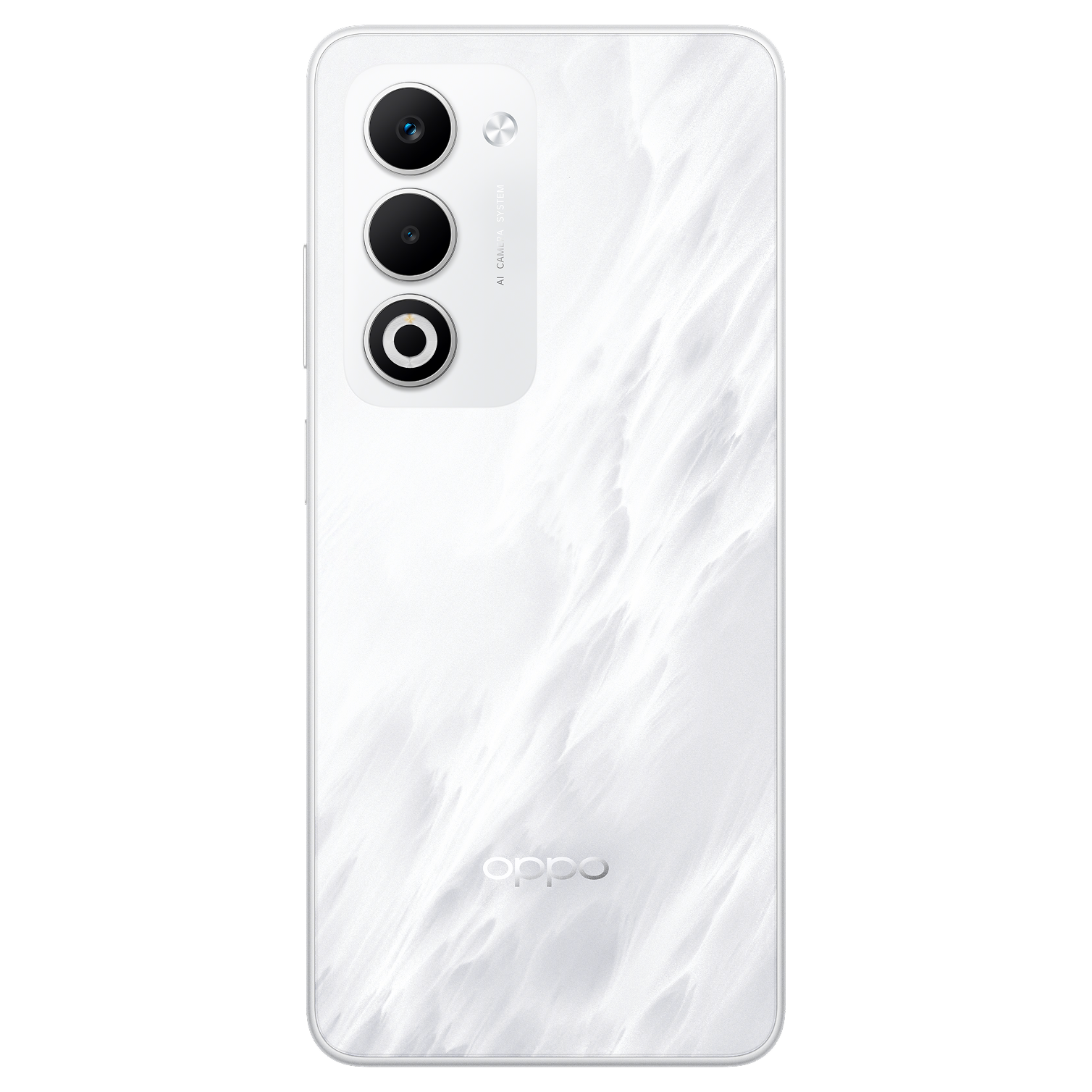 Biały smartfon z marmurowym tyłem i trzema aparatami.