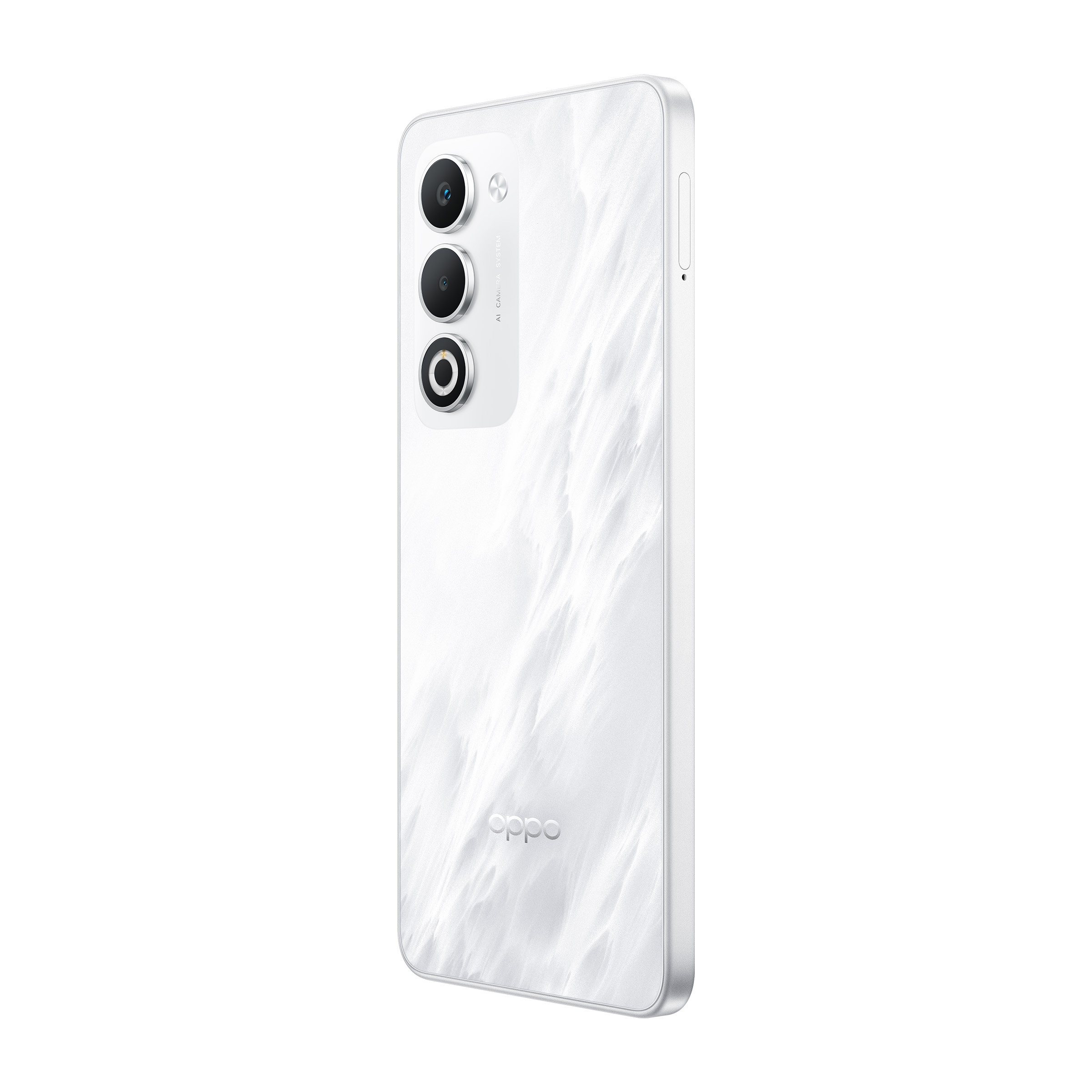 Biały smartfon z marmurowym wzorem i trzema aparatami z tyłu.