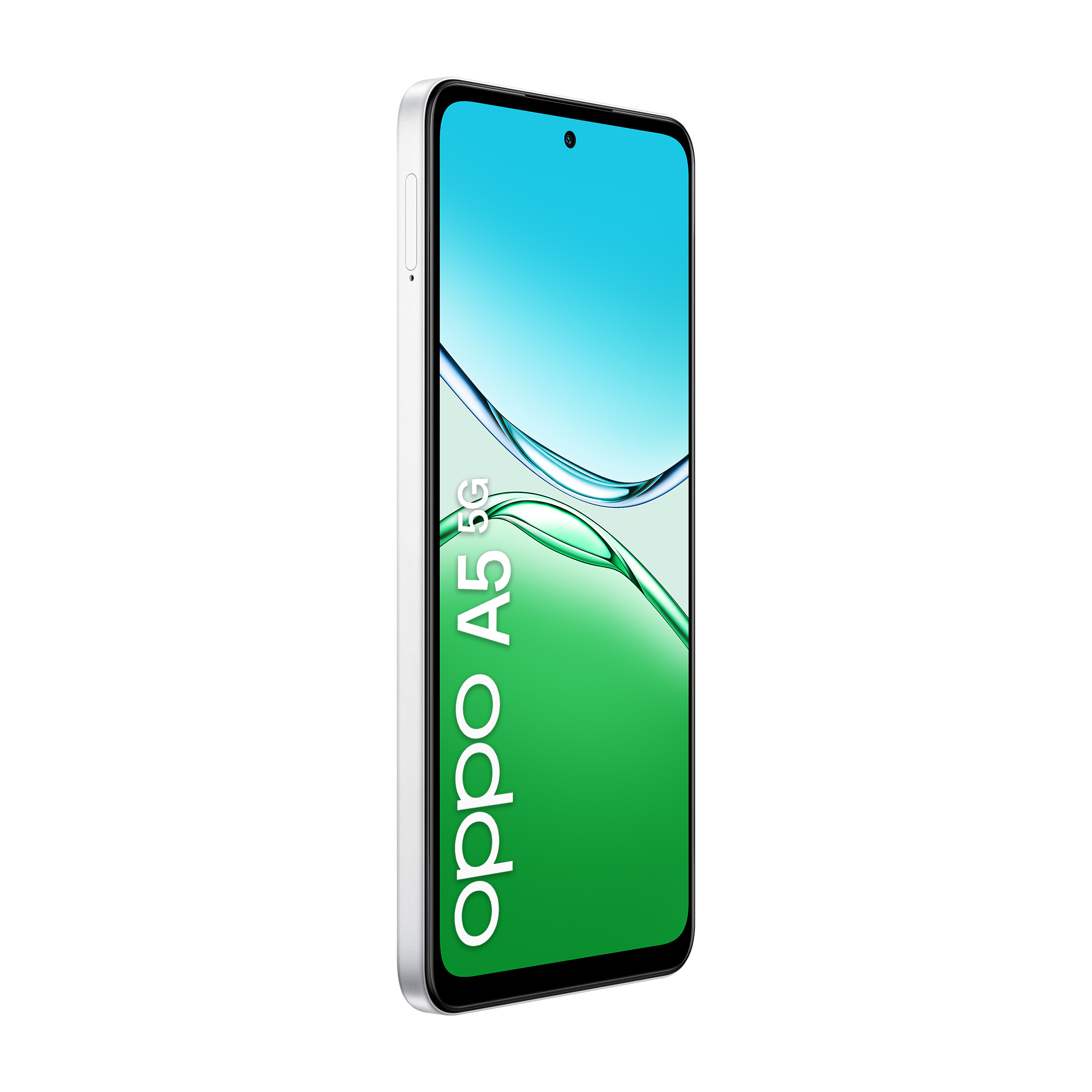 Biały smartfon Oppo A5 5G ze srebrną ramką i niebiesko-zielonym wyświetlaczem.