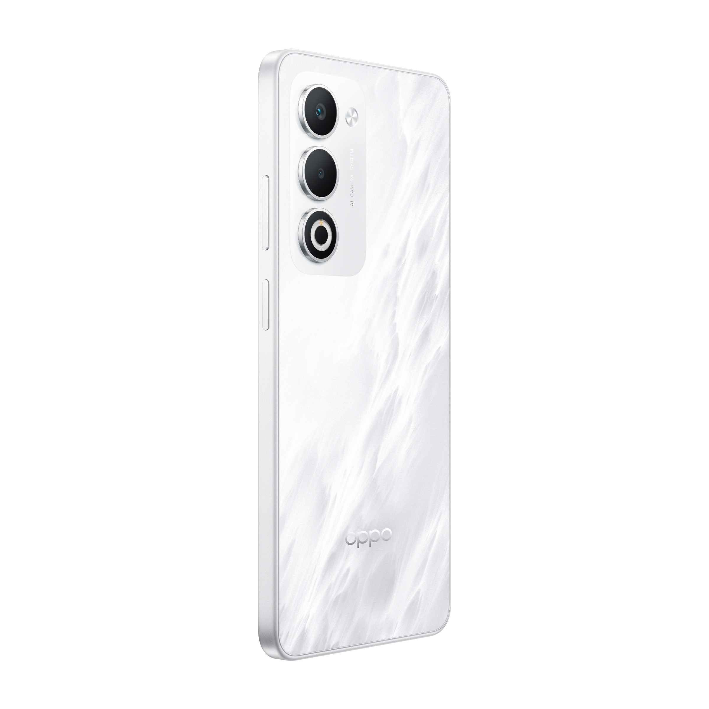 Biały smartfon z marmurowym wzorem i trzema aparatami z tyłu.
