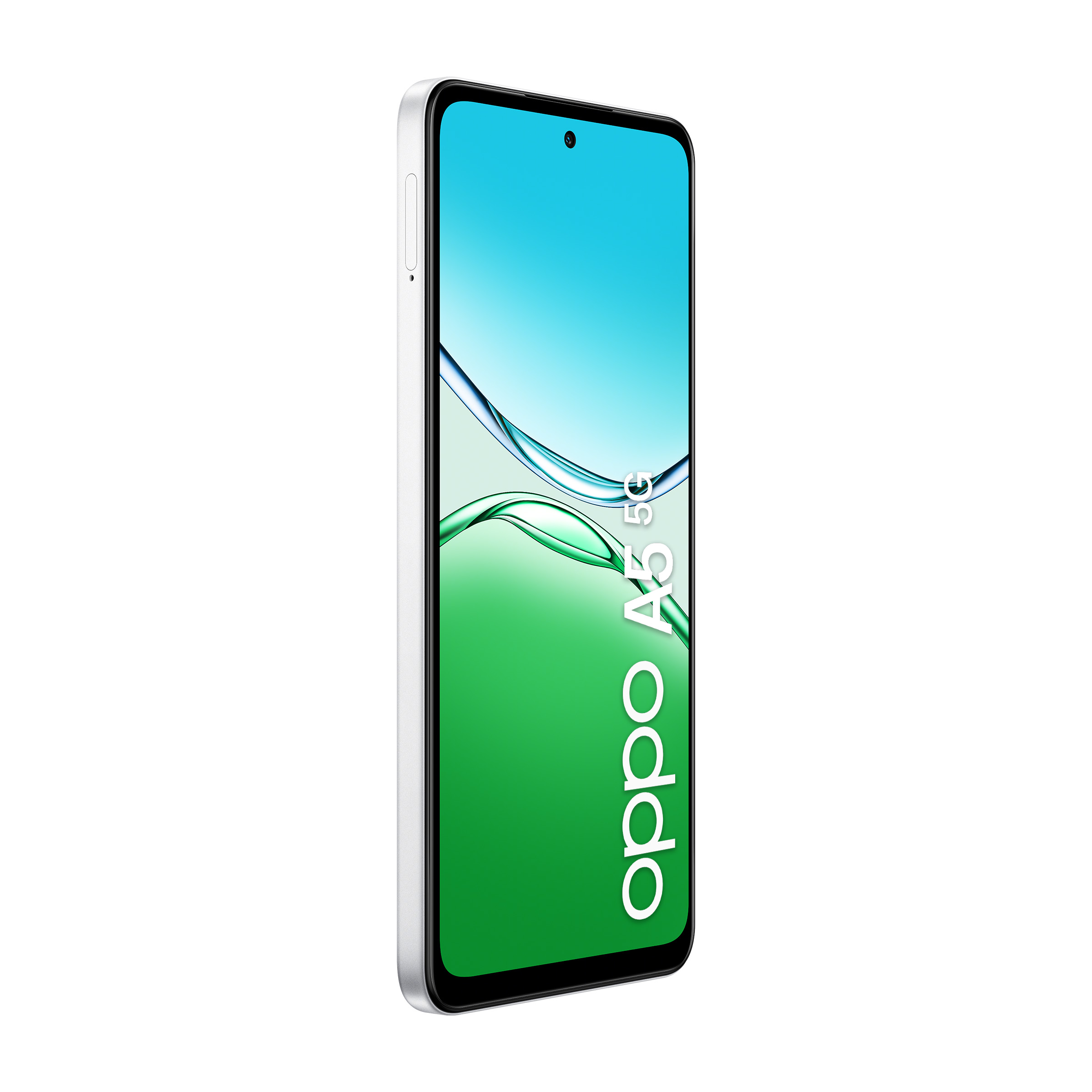 Biały smartfon OPPO A5 5G z niebiesko-zielonym tłem.