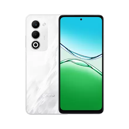 Biały smartfon z marmurowym wzorem i tylnymi aparatami. Ekran jest włączony.