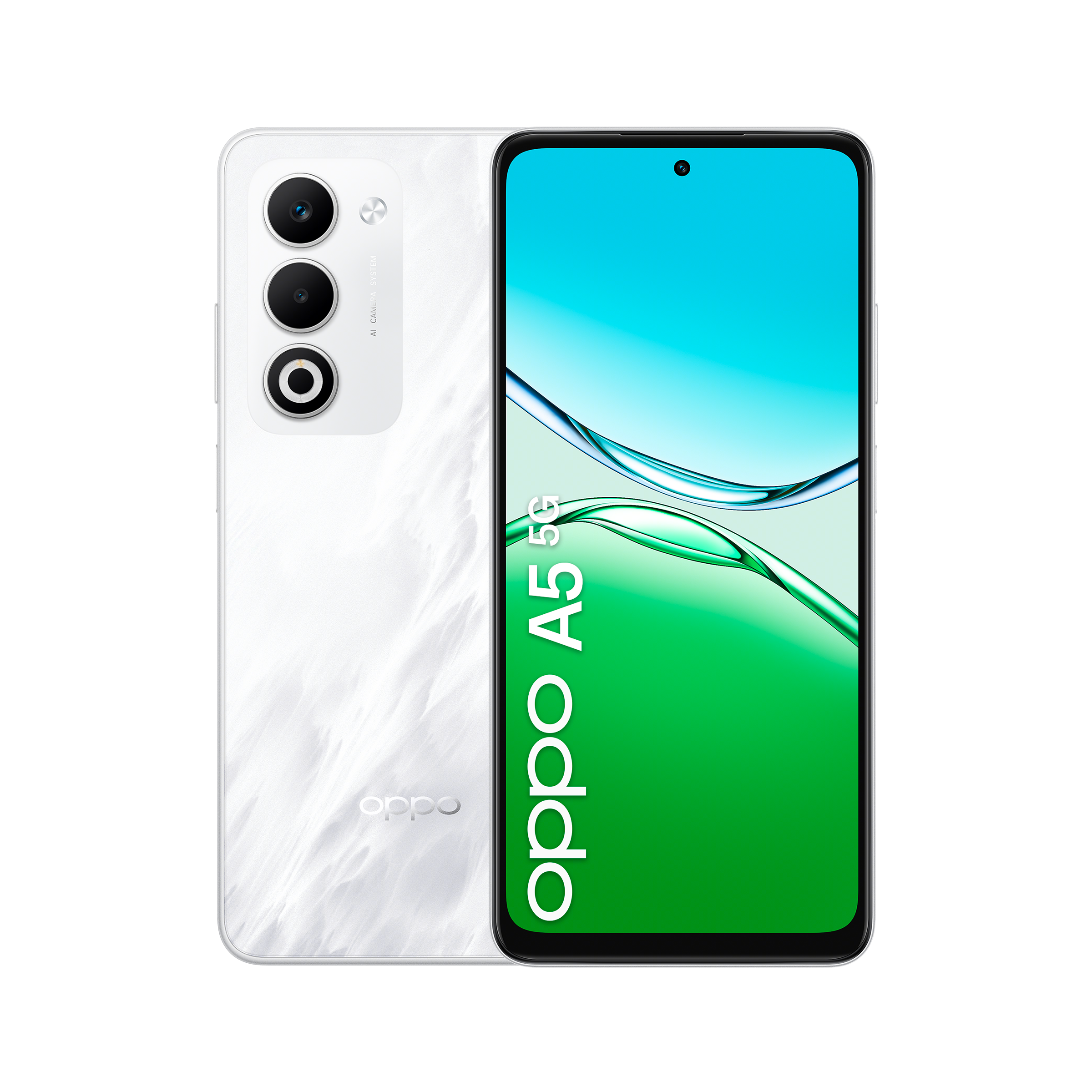 Biały smartfon OPPO A5 5G z trzema tylnymi aparatami i kolorowym wyświetlaczem.