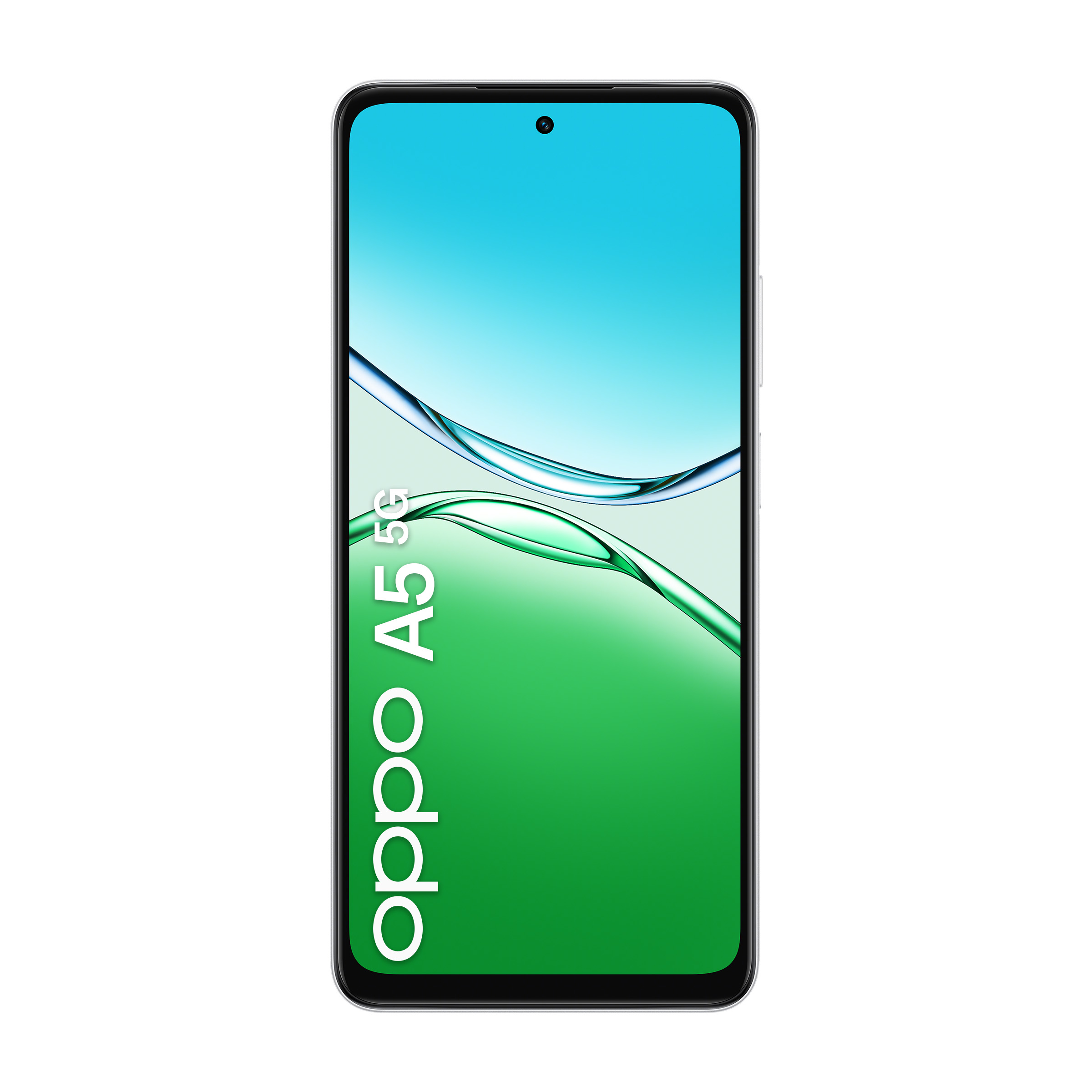 Smartfon OPPO A5 5G z niebiesko-zielonym abstrakcyjnym tłem.