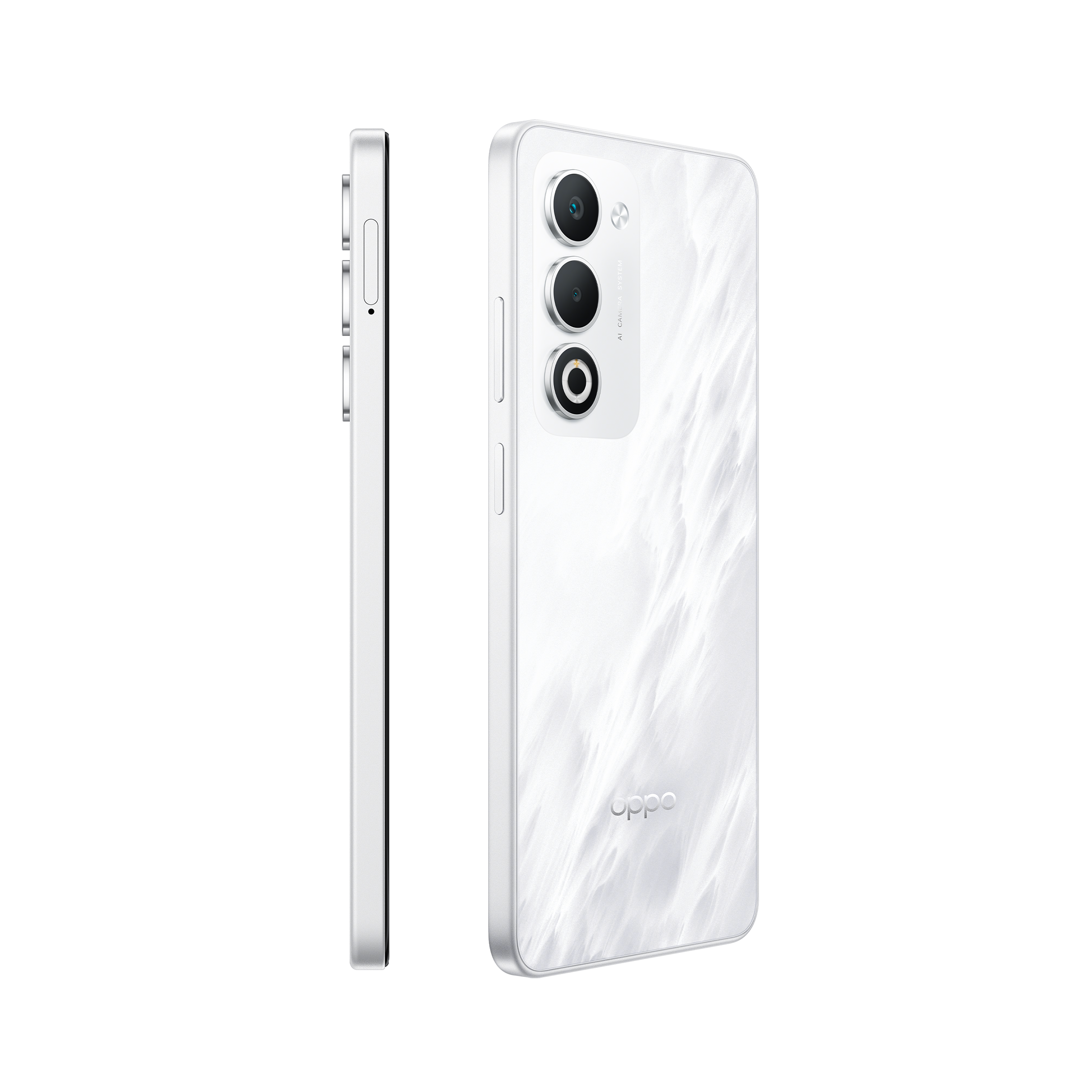 Biały smartfon z tyłem wzorzystym jak marmur i trzema aparatami.