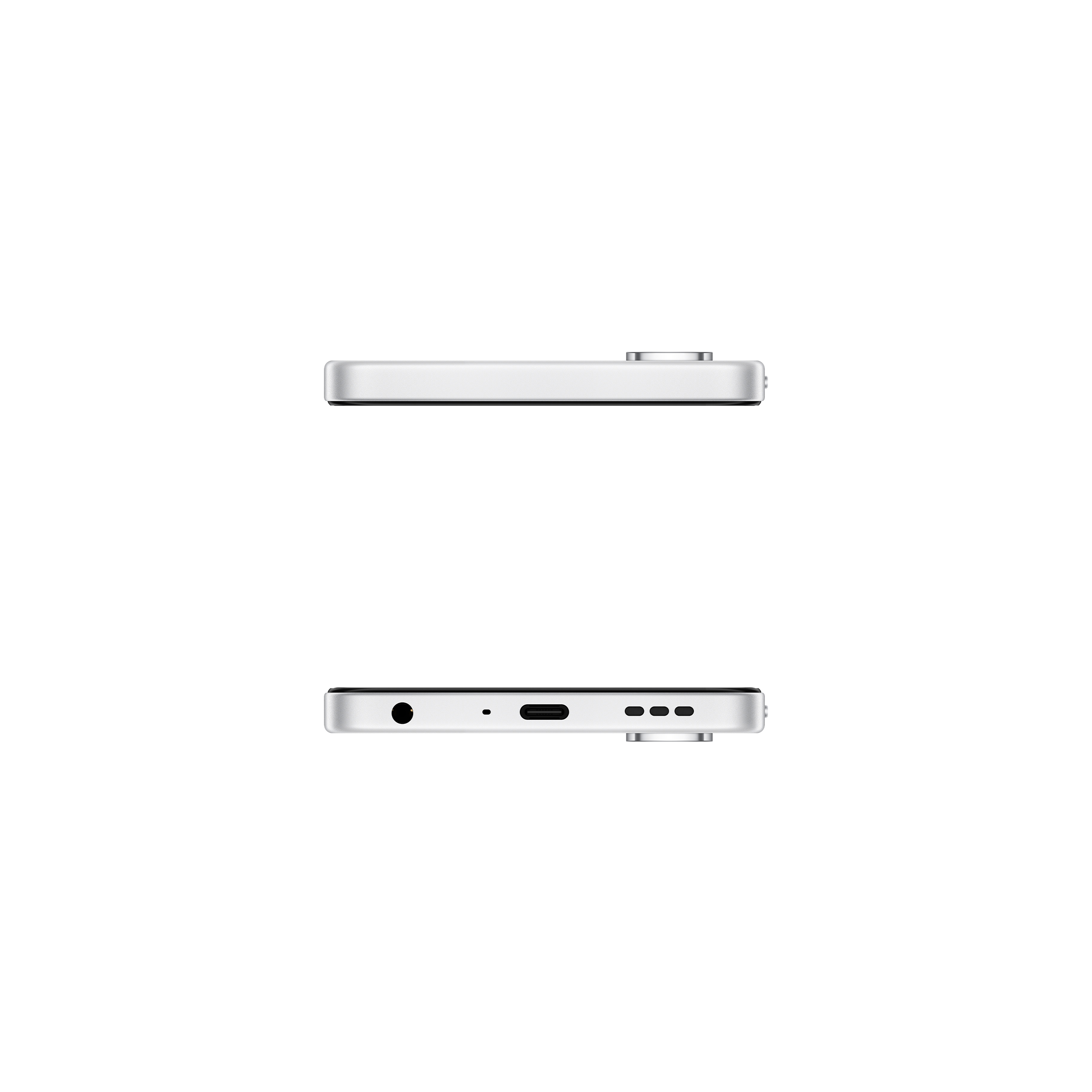 Góra: Srebrny smartfon z boku. Dół: Spód z portami.