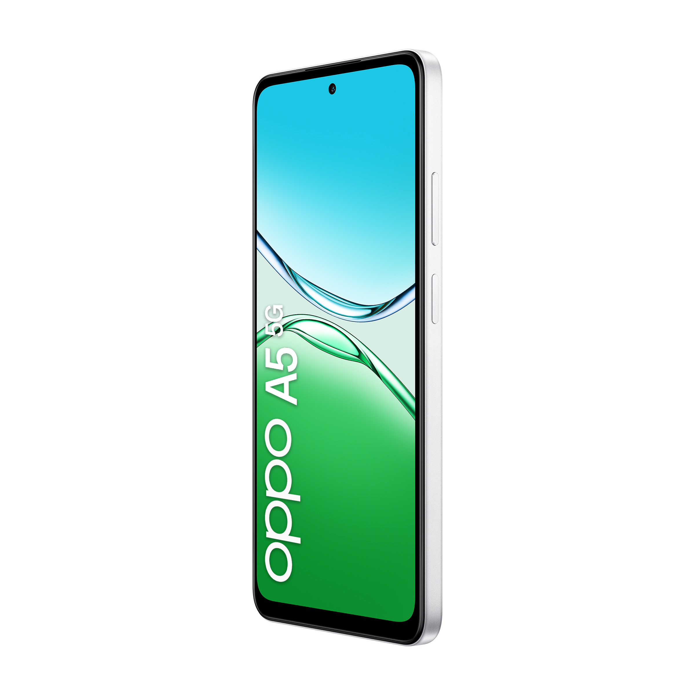 Biały smartfon Oppo A5 5G z niebiesko-zielonym tłem.