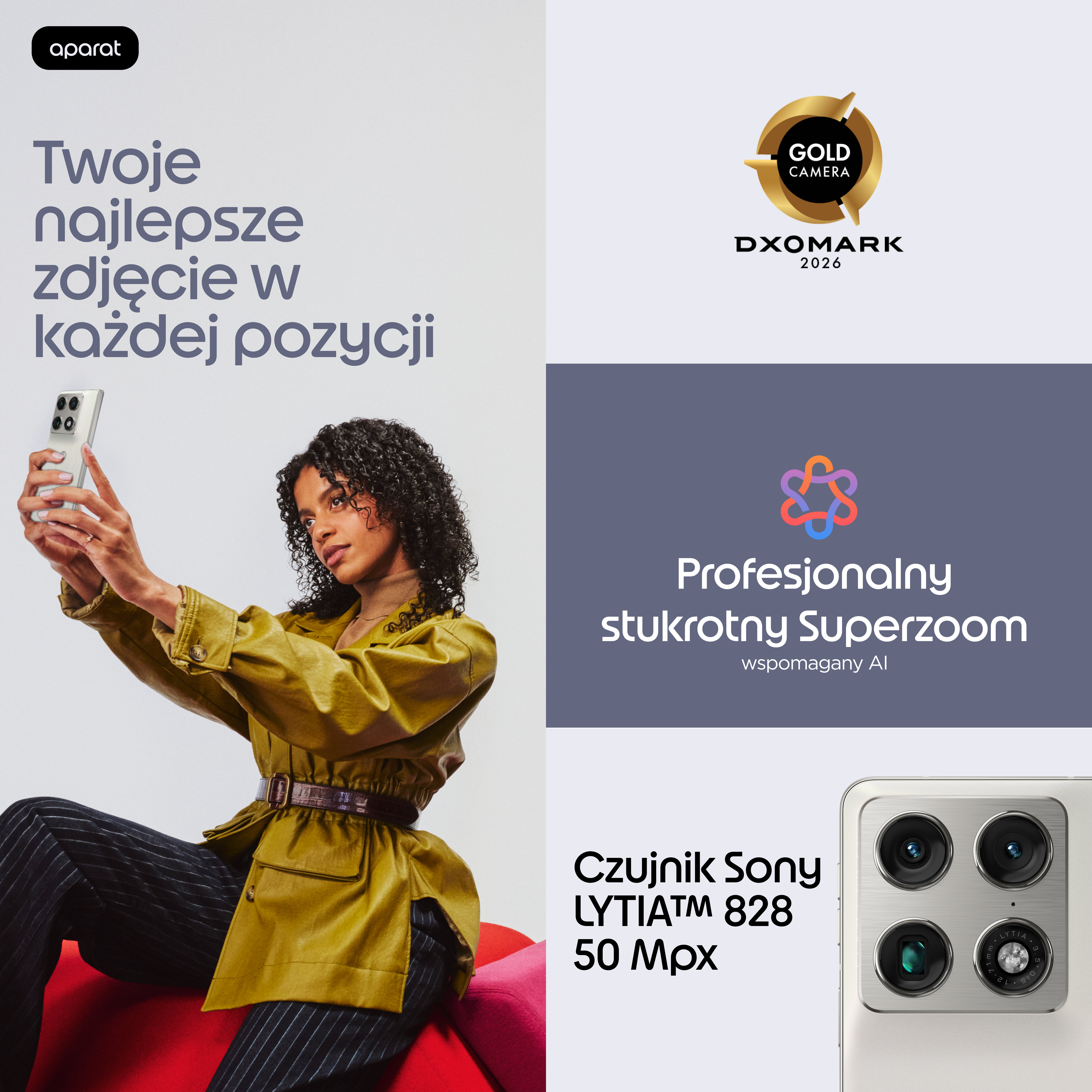 Kobieta z telefonem, Gold Camera DXOMARK 2026, Superzoom, Sensor Sony 50 Mpx