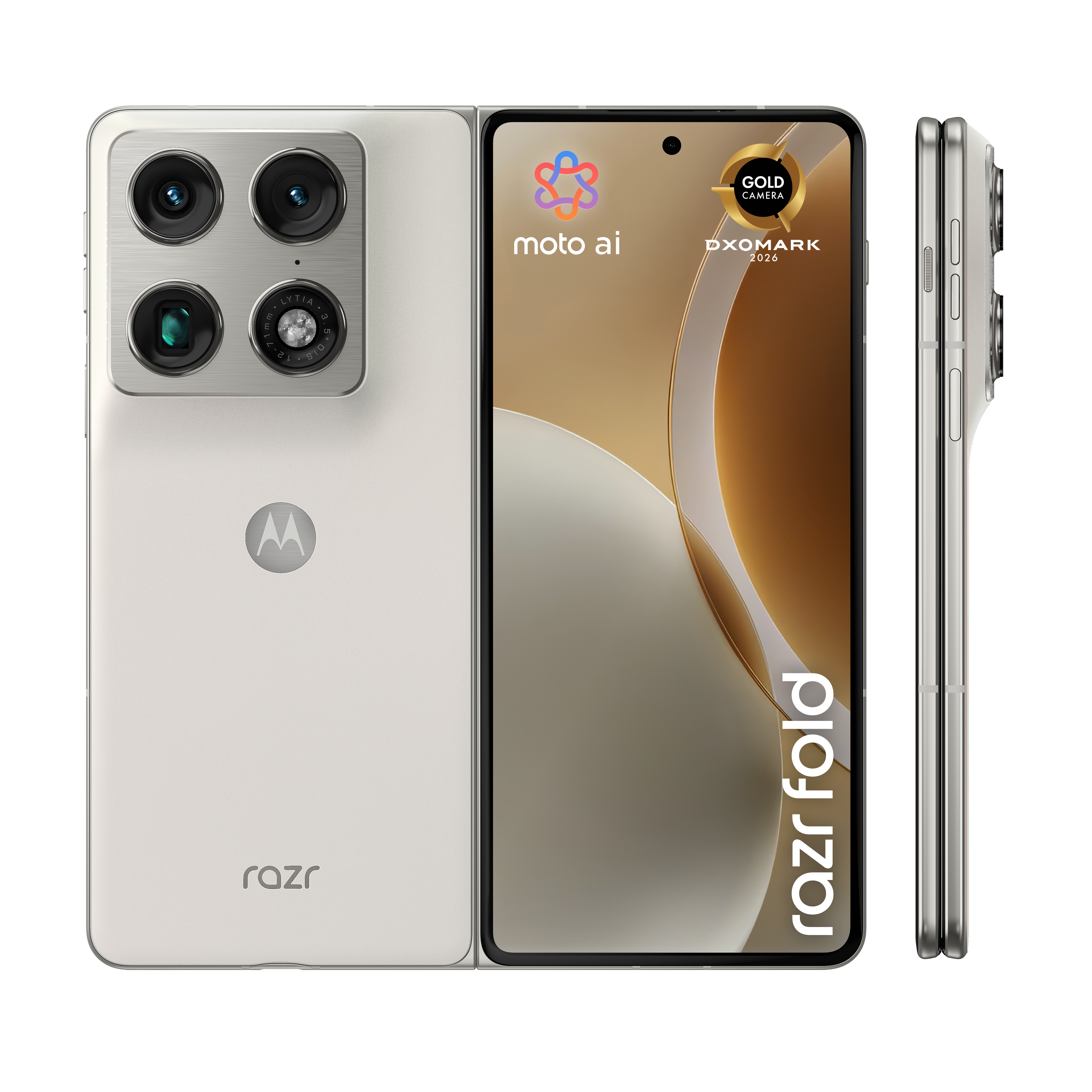 Srebrny składany smartfon Motorola Razr pokazany z przodu, otwarty i z boku.