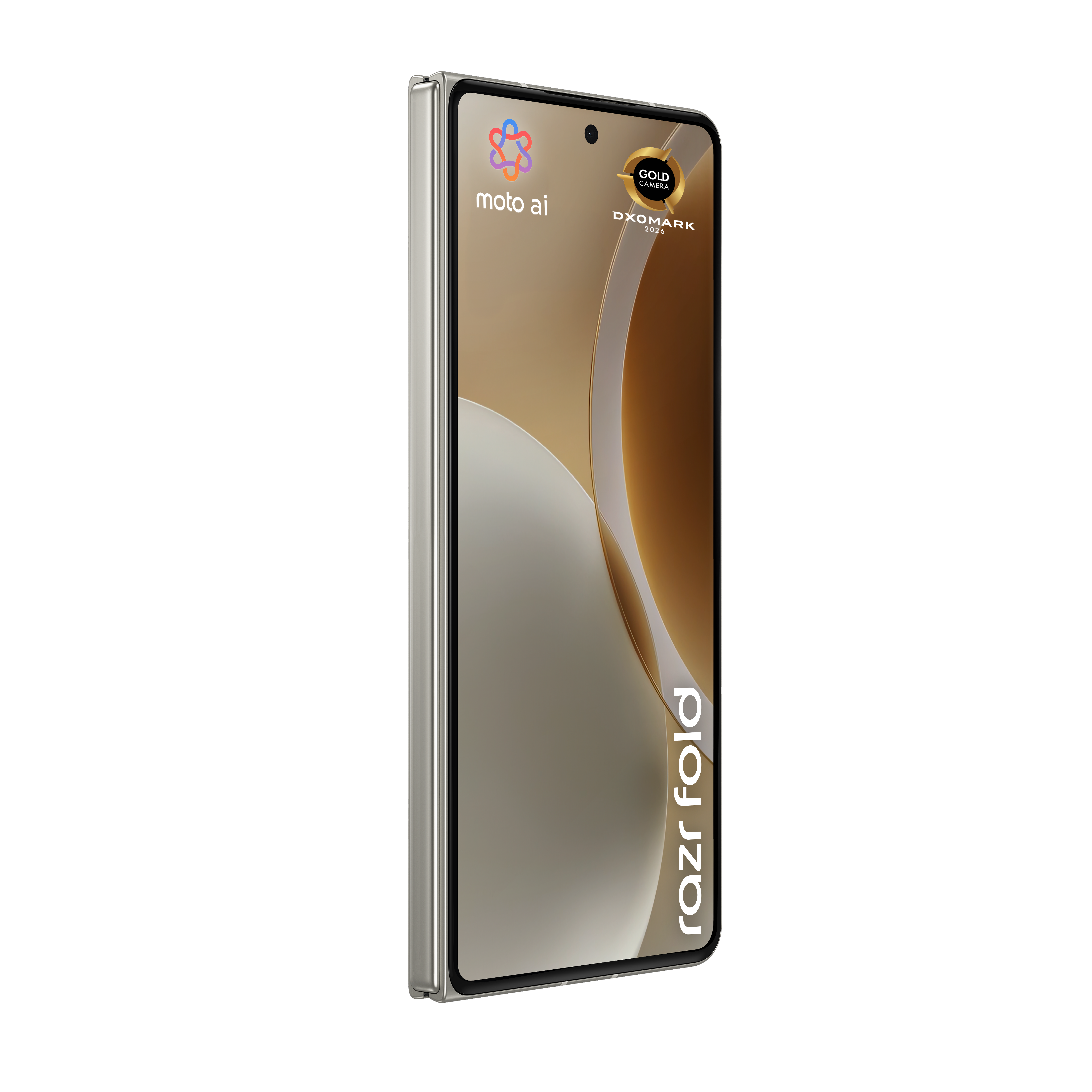 Srebrny składany telefon z napisem "razr fold" na ekranie.