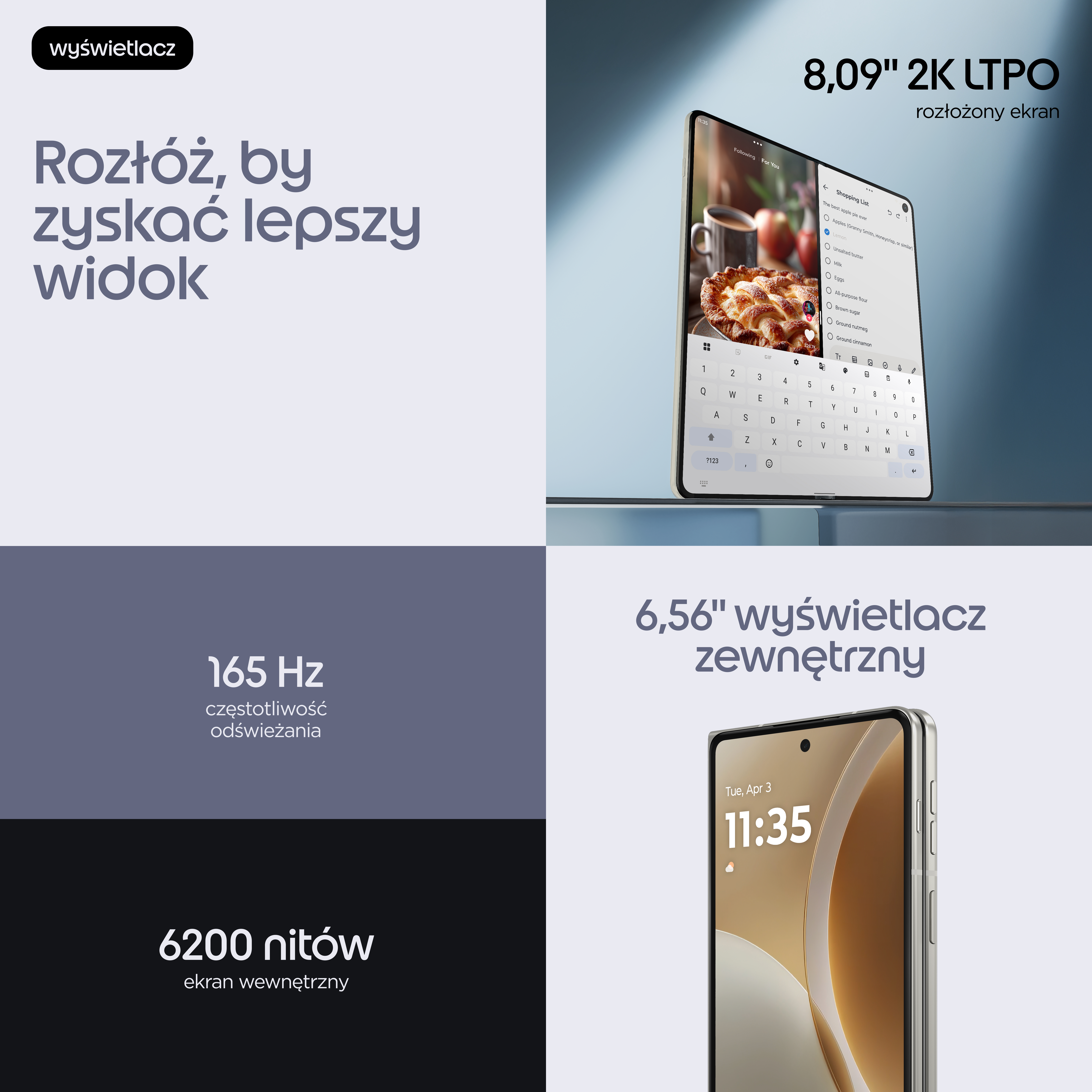 Rozłożony smartfon pokazuje listę zakupów i klawiaturę. Drugi smartfon pokazuje godzinę.