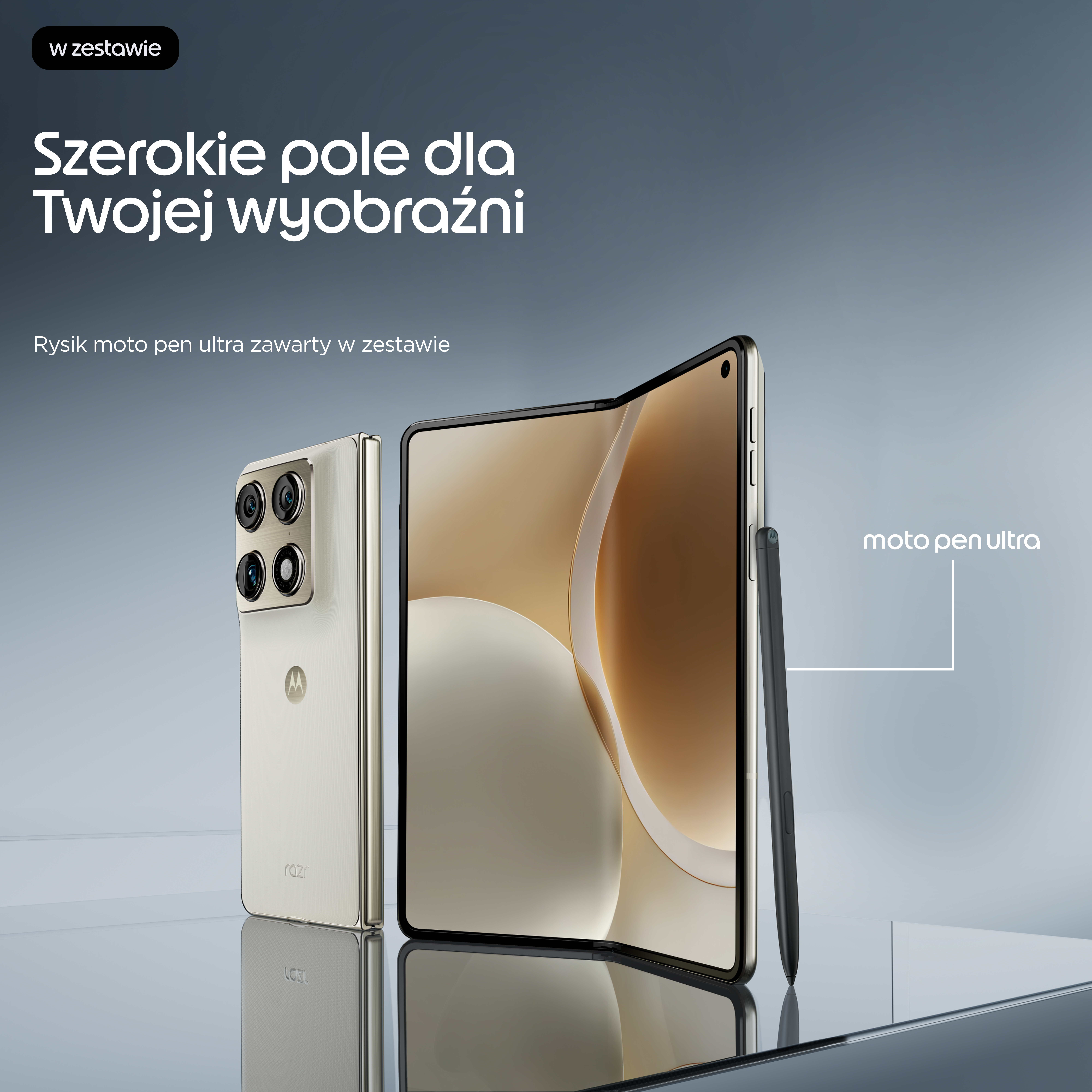 Składany smartfon i rysik na szarym tle.
