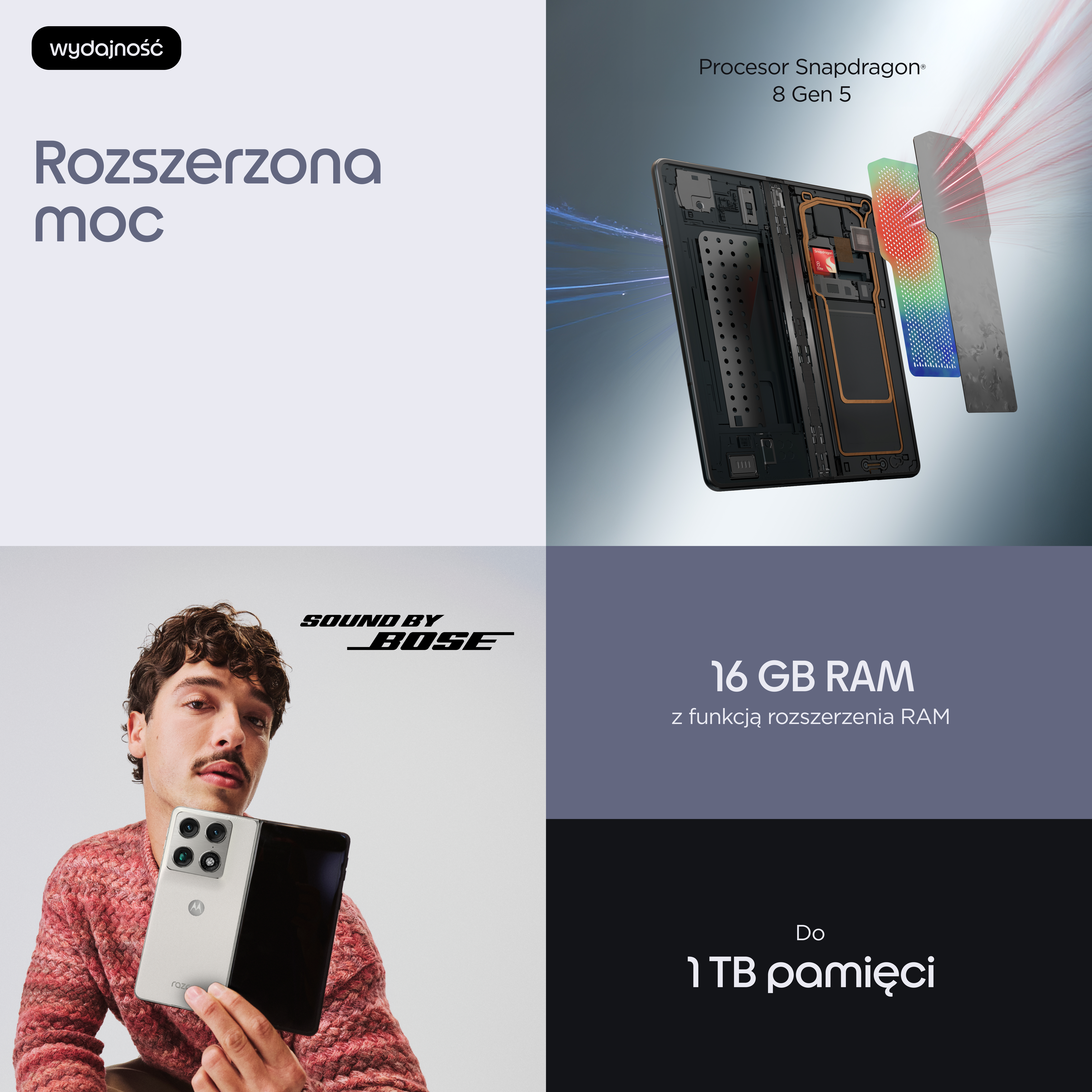 Mężczyzna trzyma smartfona, pokazuje procesor, 16 GB RAM i 1 TB pamięci.