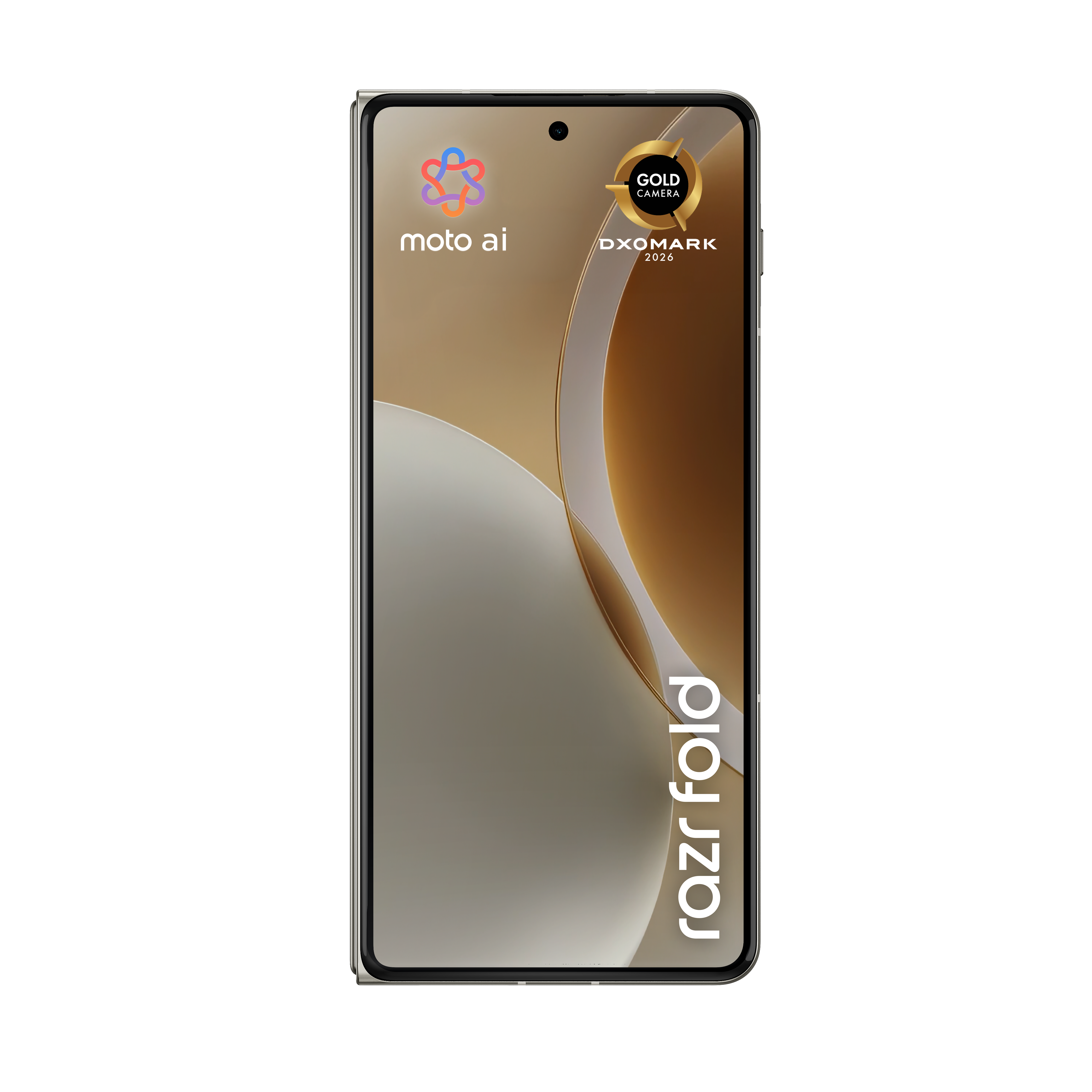 Zamknięty smartfon Motorola Razr Fold z pieczęcią Gold Camera.