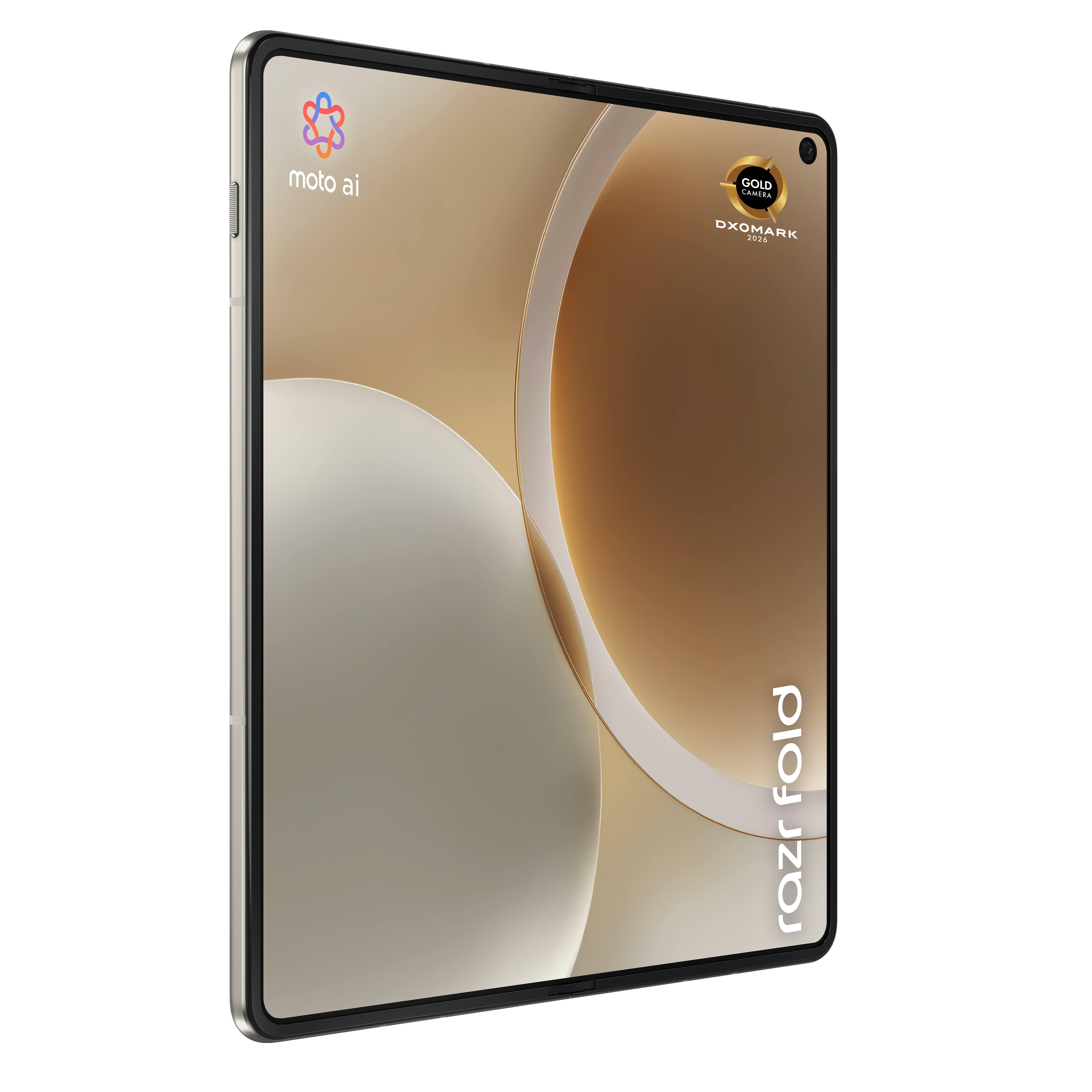Otwarty składany smartfon z logotypami Moto AI i DxoMark Gold.