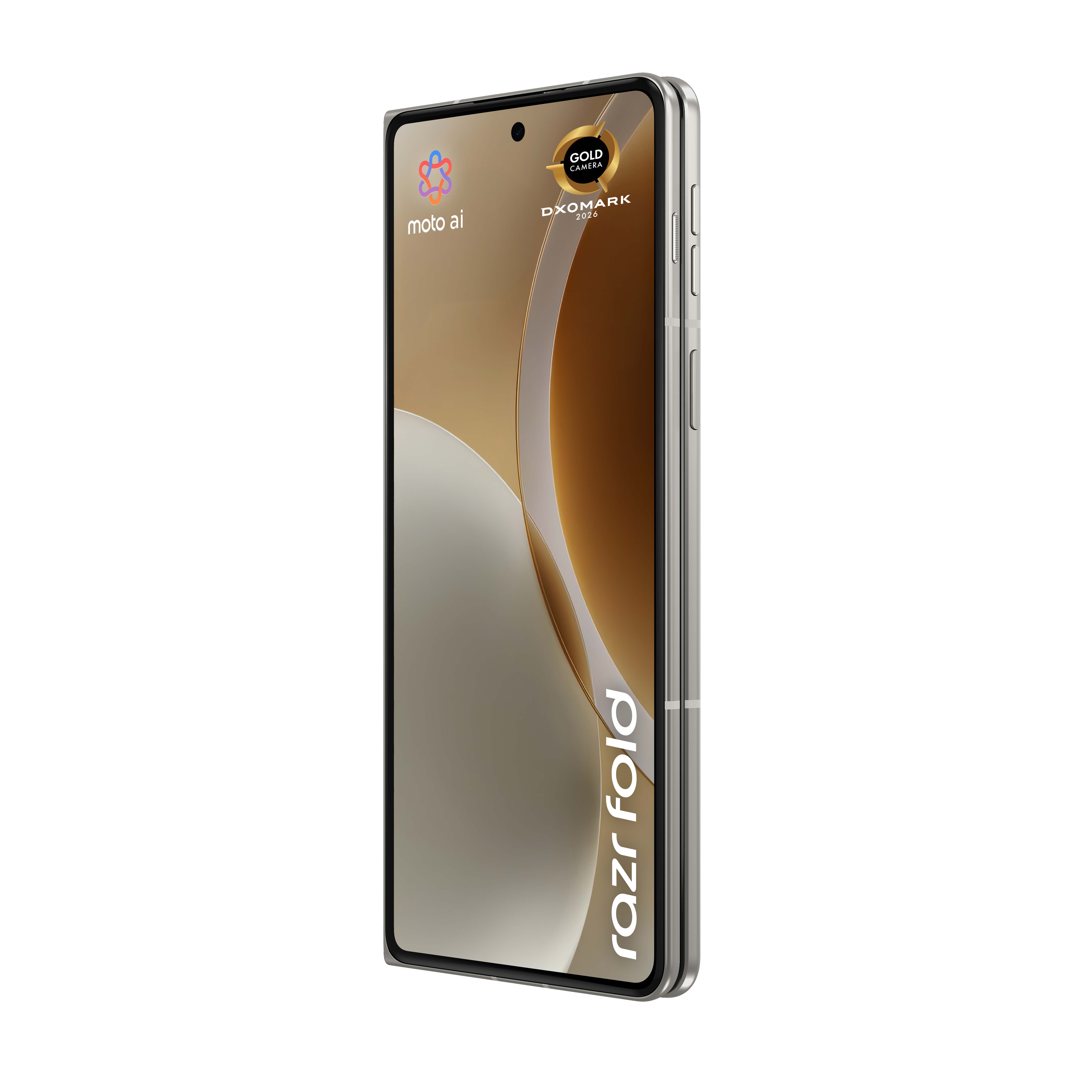 Zamknięty, srebrny smartfon Motorola Razr Fold z pieczęcią Gold Camera DXOMARK.