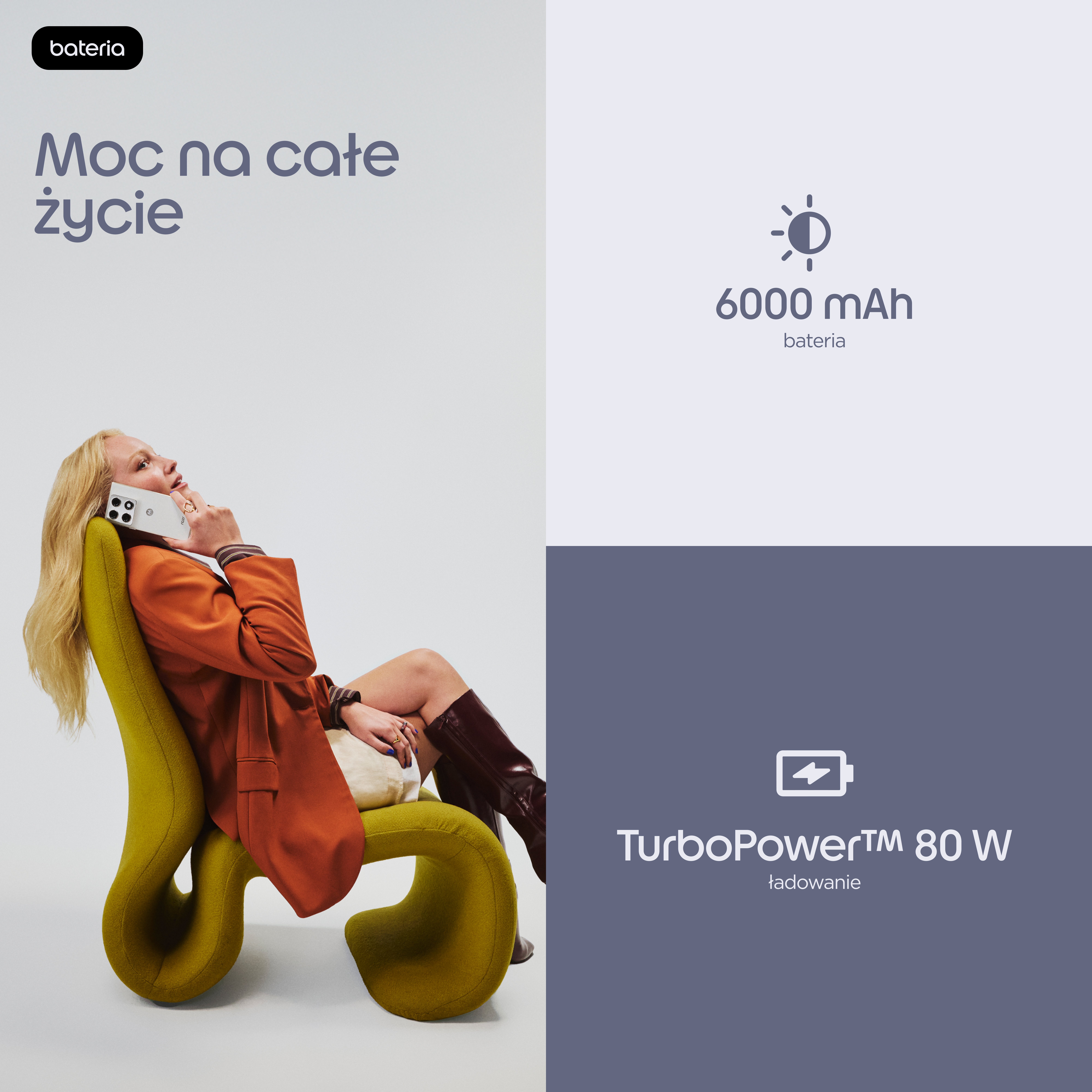 Kobieta siedzi na krześle, rozmawia przez smartfon. 6000 mAh, 80W.