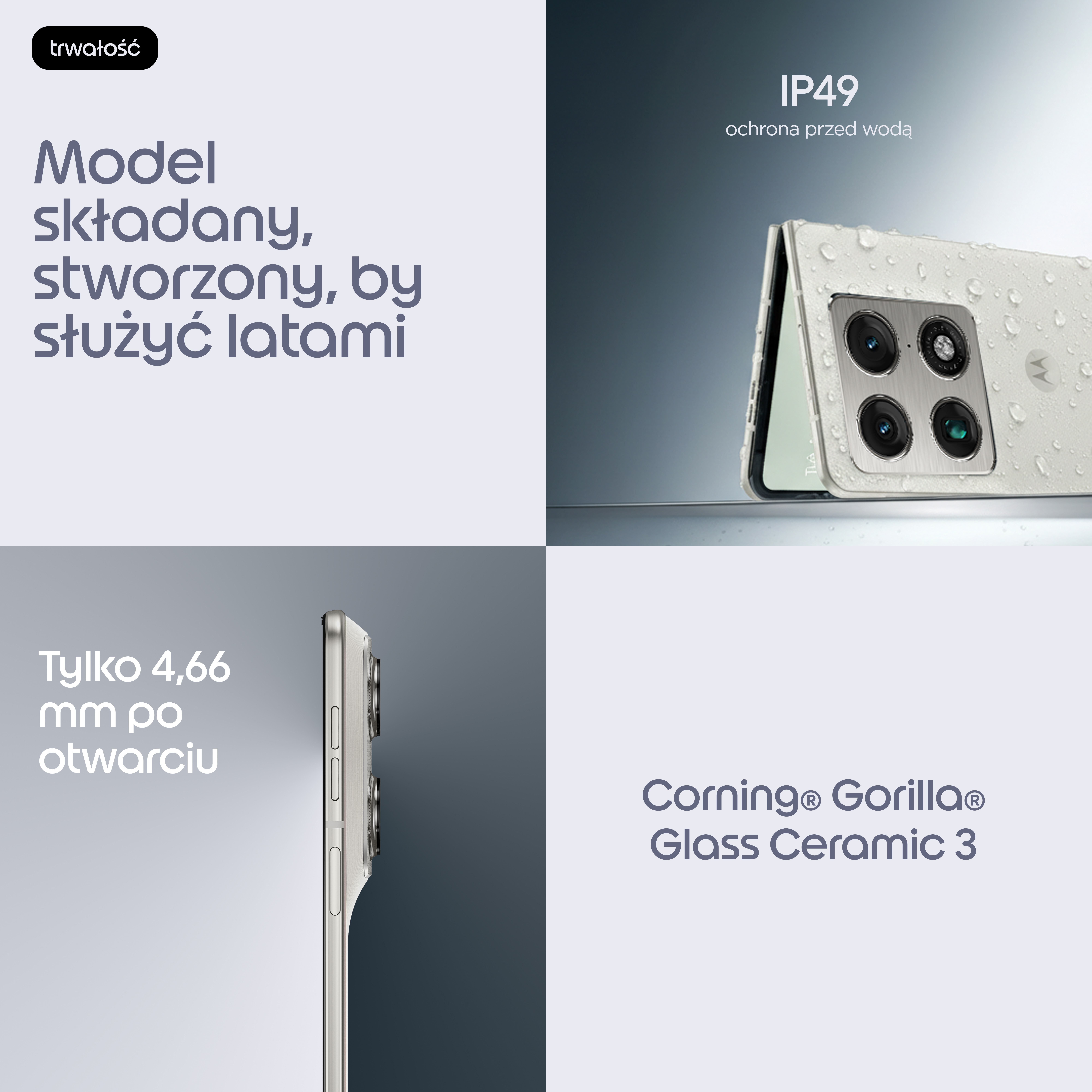 Składany, jasnobeżowy smartfon z czterema aparatami, pokryty kroplami wody.
