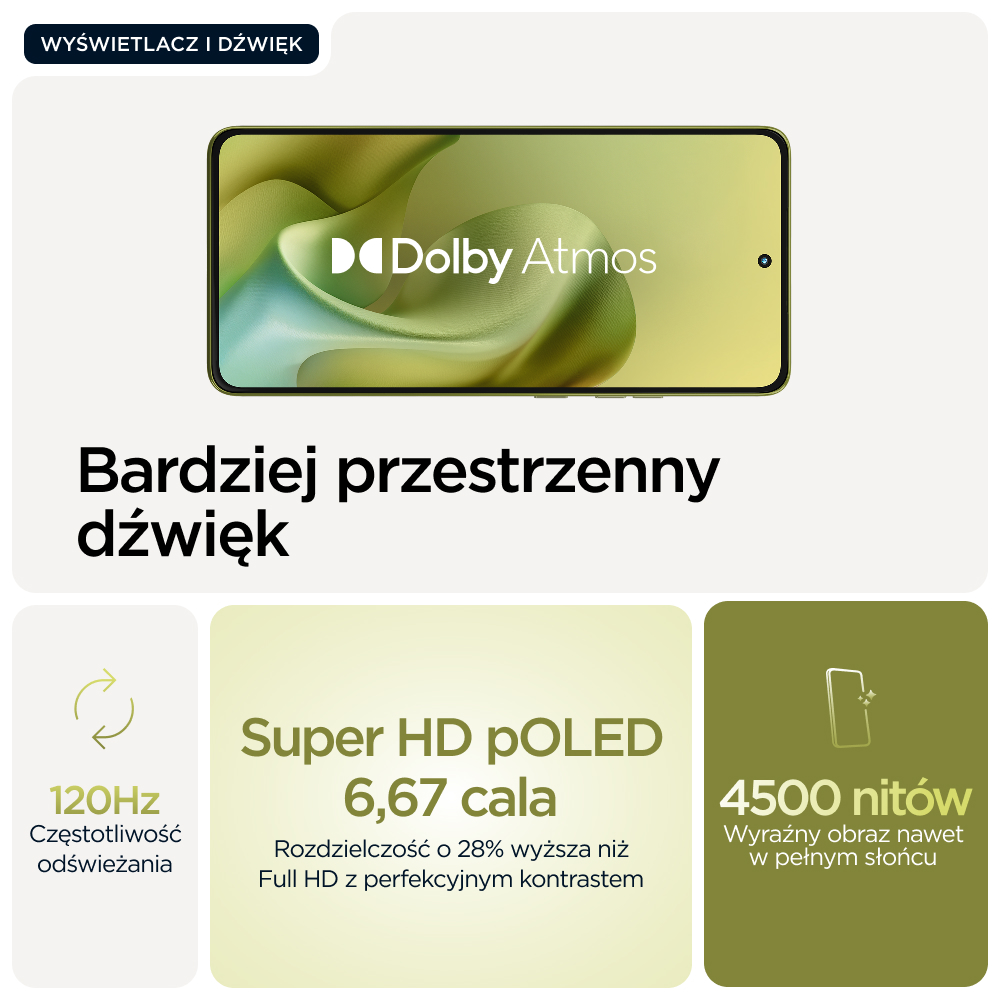Wyświetlacz smartfona z Dolby Atmos, 120Hz, Super HD POLED 6,67 cala, 4500 nitów.