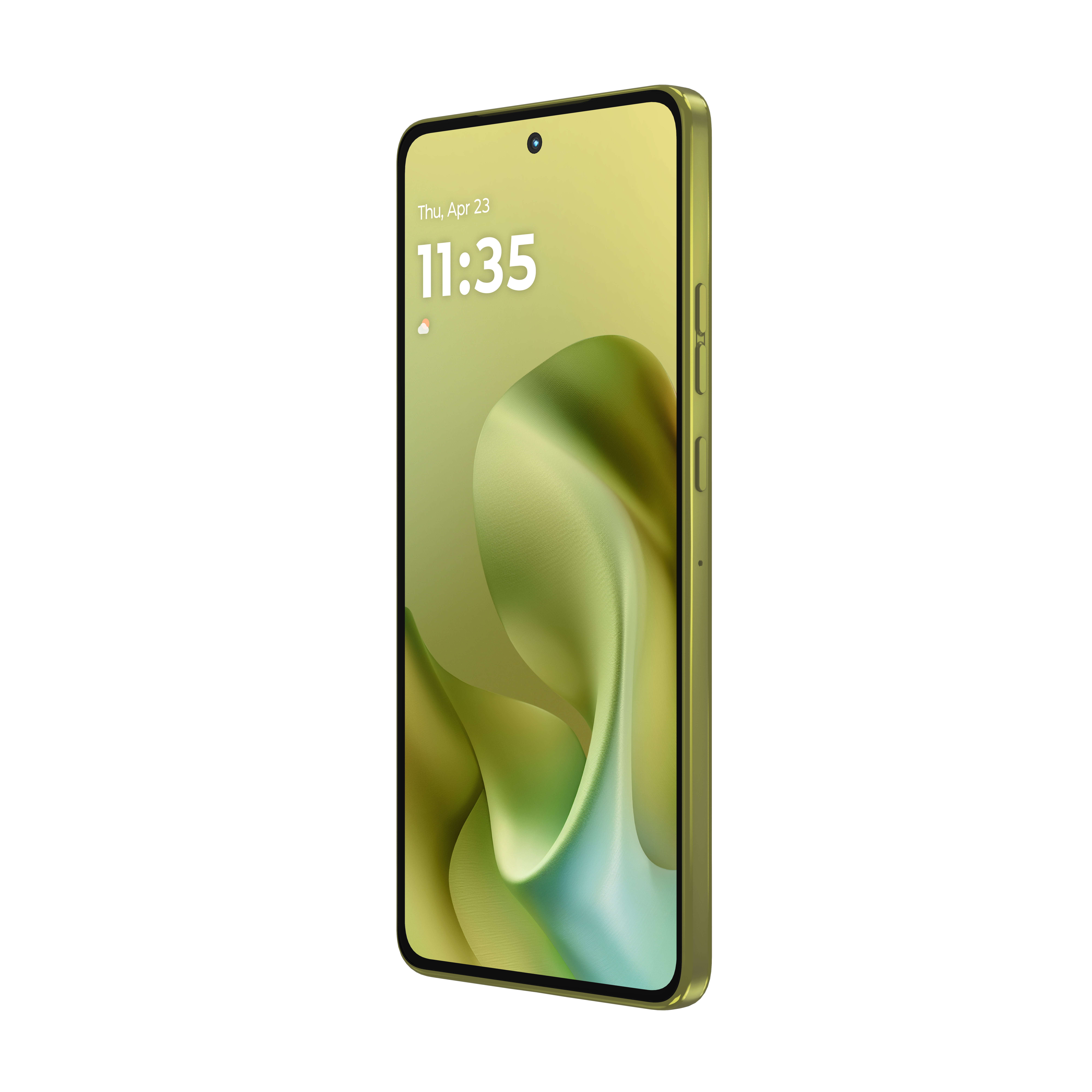 Jasnozielony smartfon z abstrakcyjnym tłem na ekranie.