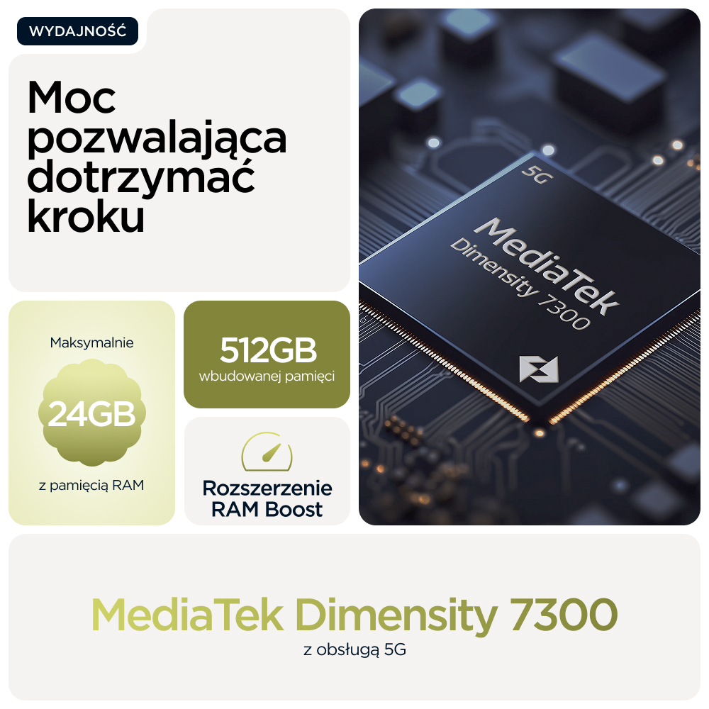 Zbliżenie na chip MediaTek Dimensity 7300 5G na płytce drukowanej z tekstem o pamięci RAM i przechowywania.