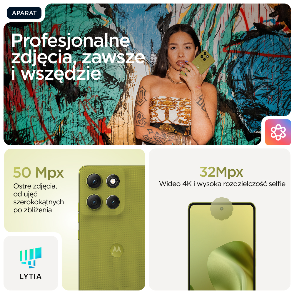 Kobieta trzyma zielony telefon przed kolorową ścianą. Widoczne detale telefonu.