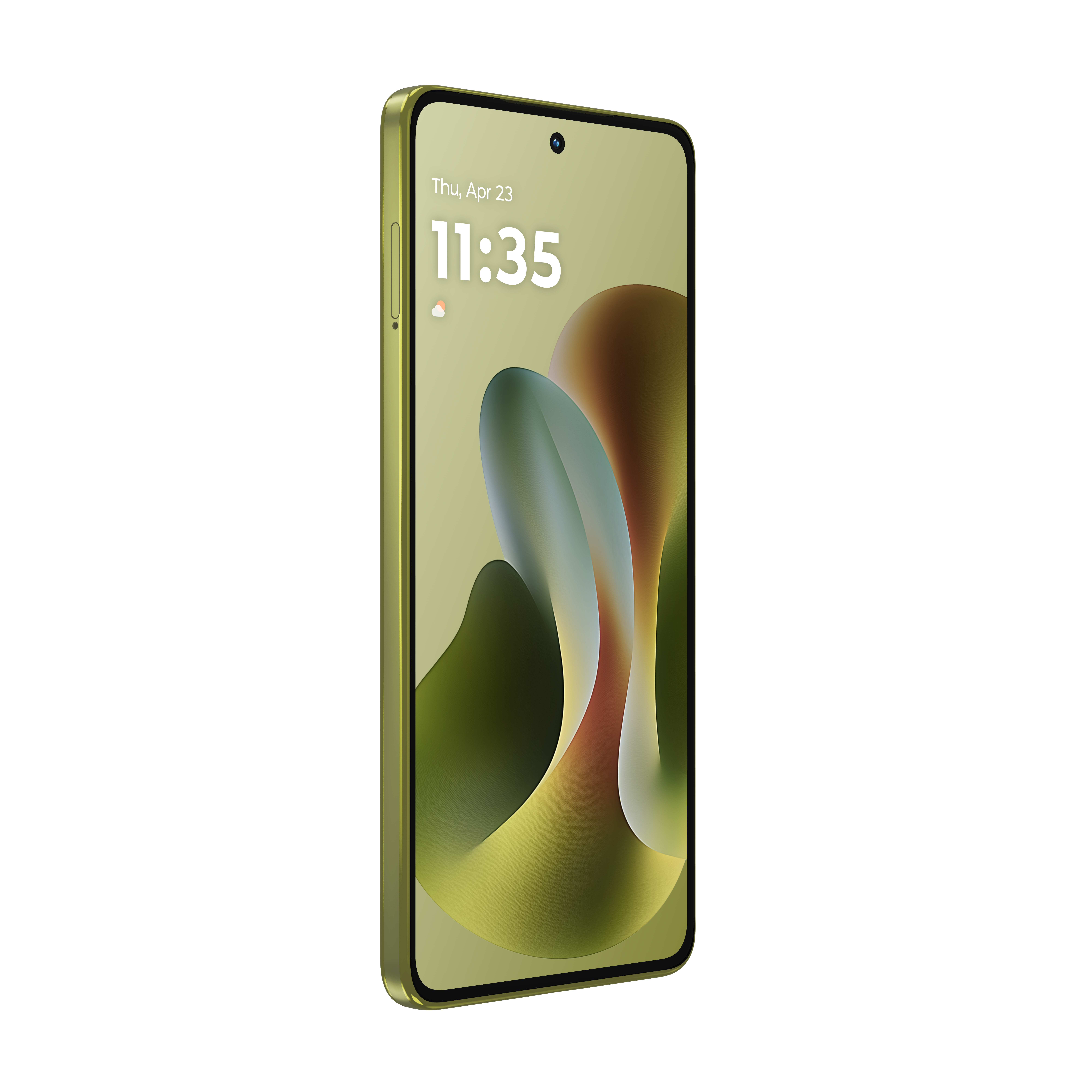 Złoto-zielony smartfon z abstrakcyjną tapetą na ekranie.