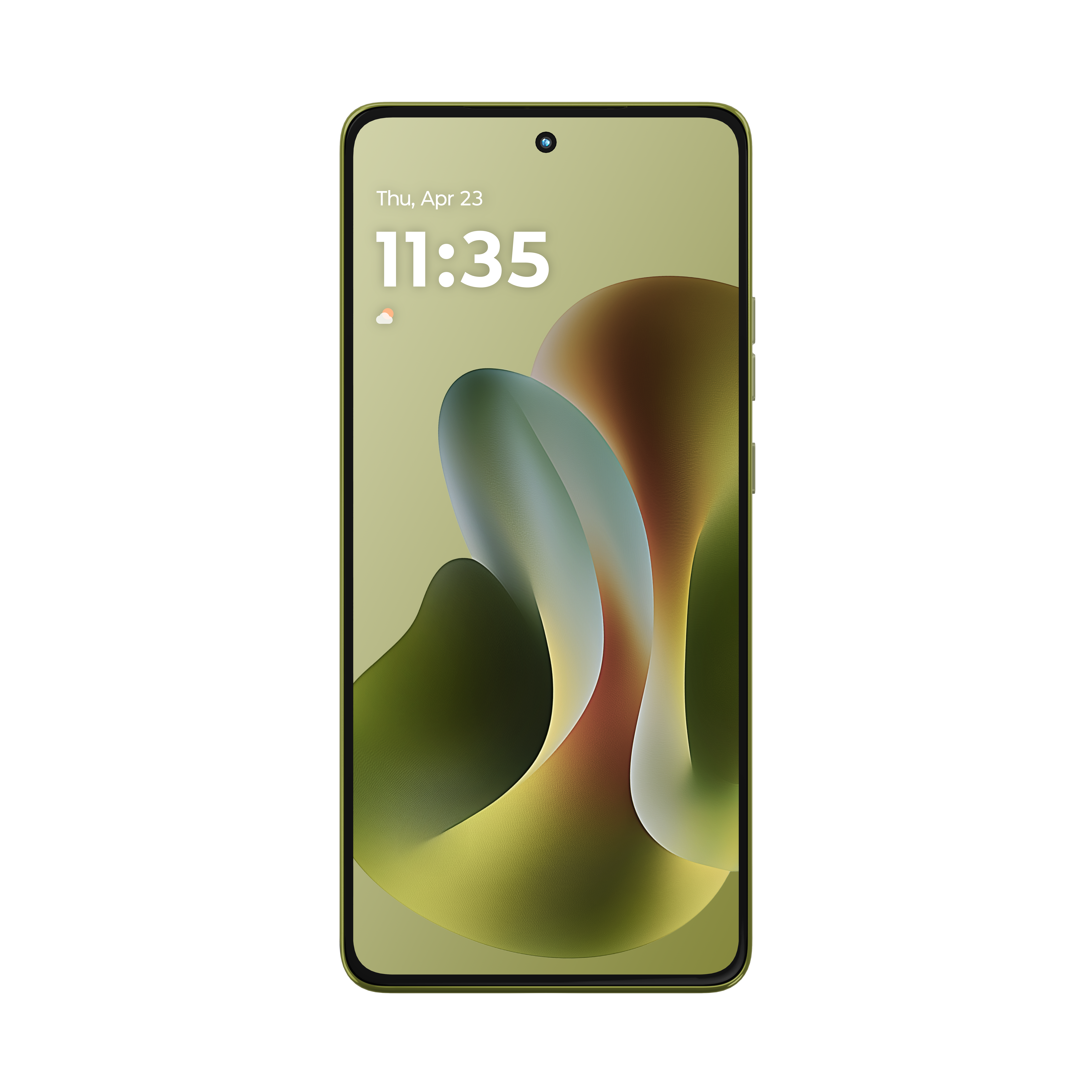 Jasnozielony smartfon wyświetla 11:35 i kolorową tapetę abstrakcyjną.