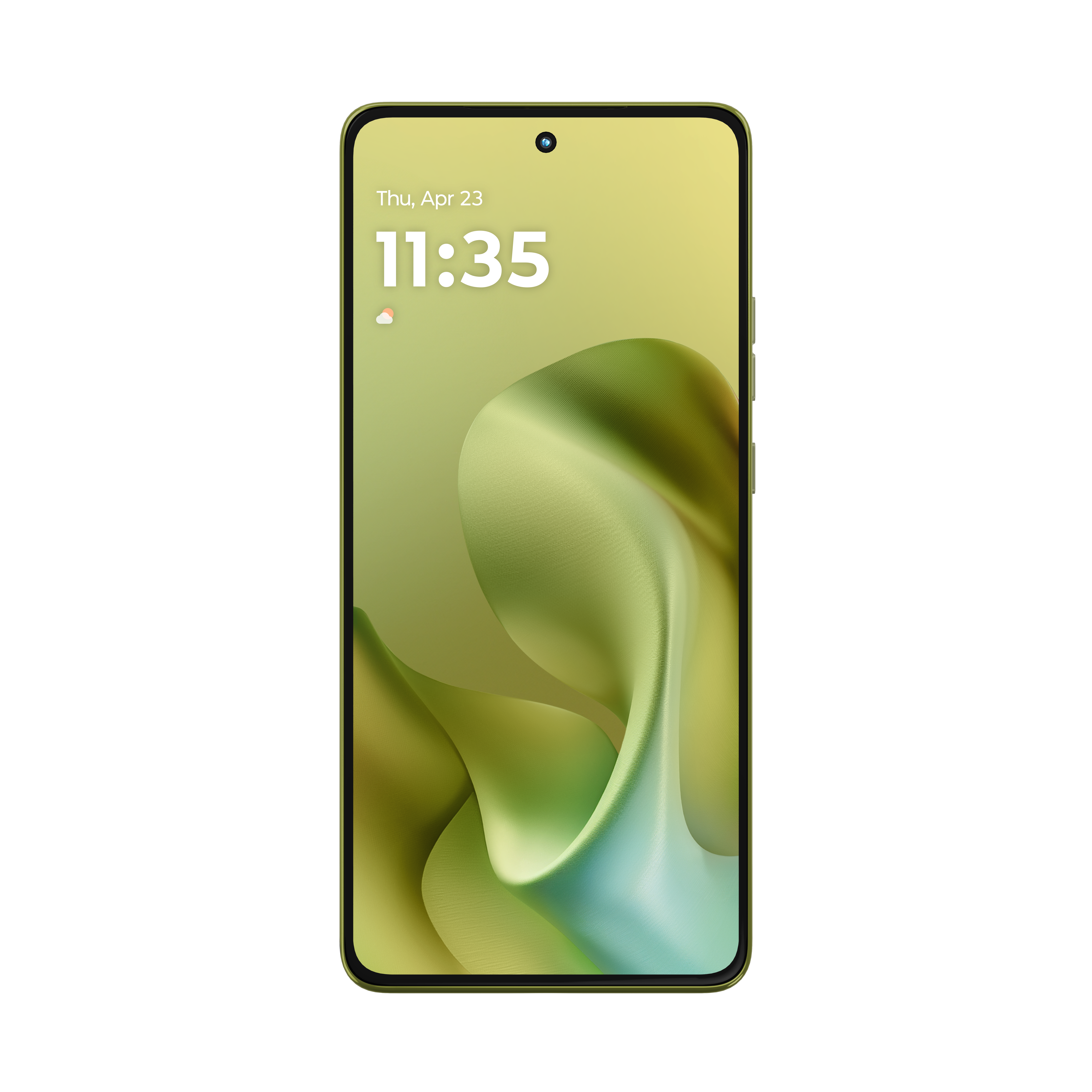 Zielony smartfon wyświetla 23 kwietnia, 11:35 i abstrakcyjną zieloną tapetę.