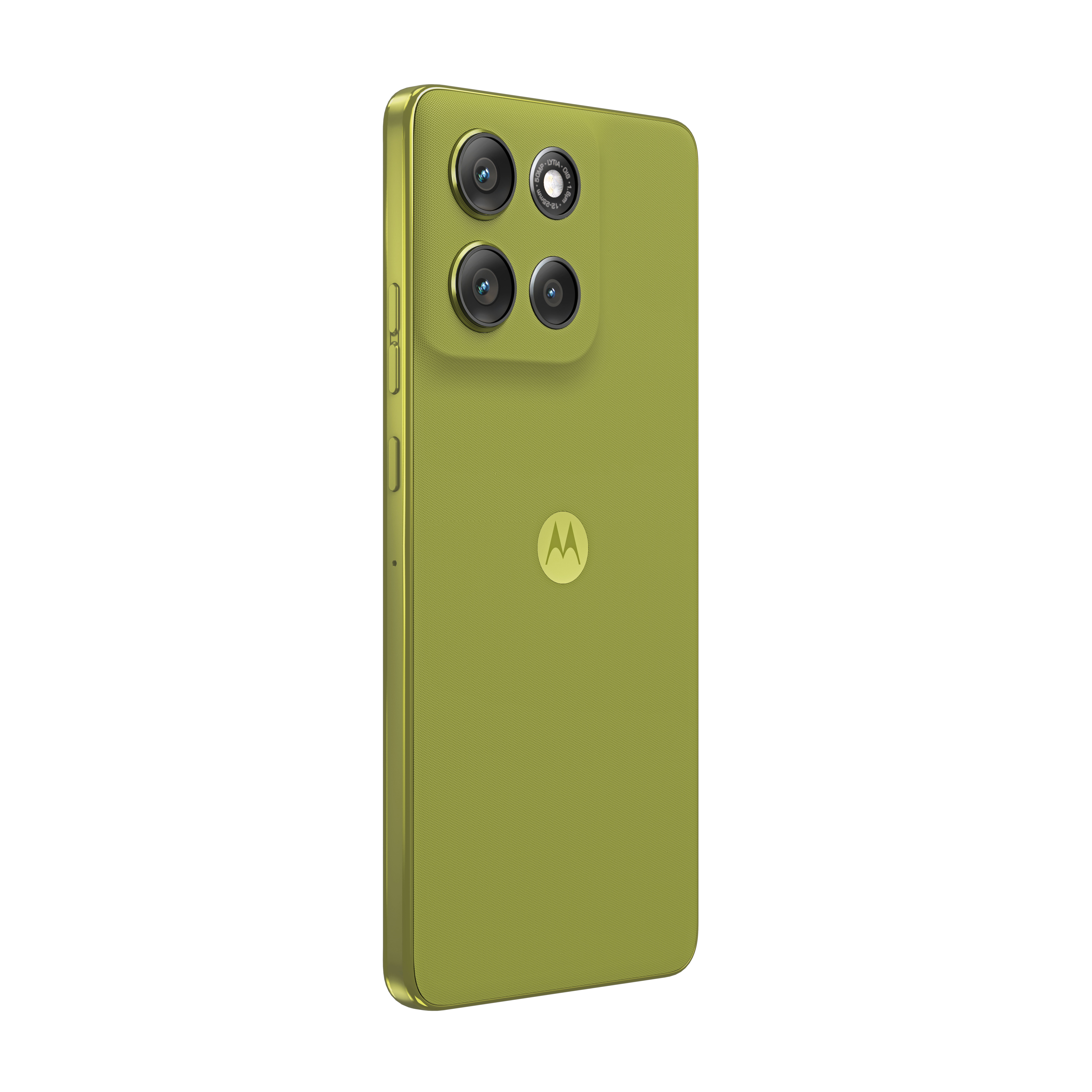 Limonkowo-zielony smartfon z czterema aparatami i logo Motoroli z tyłu.