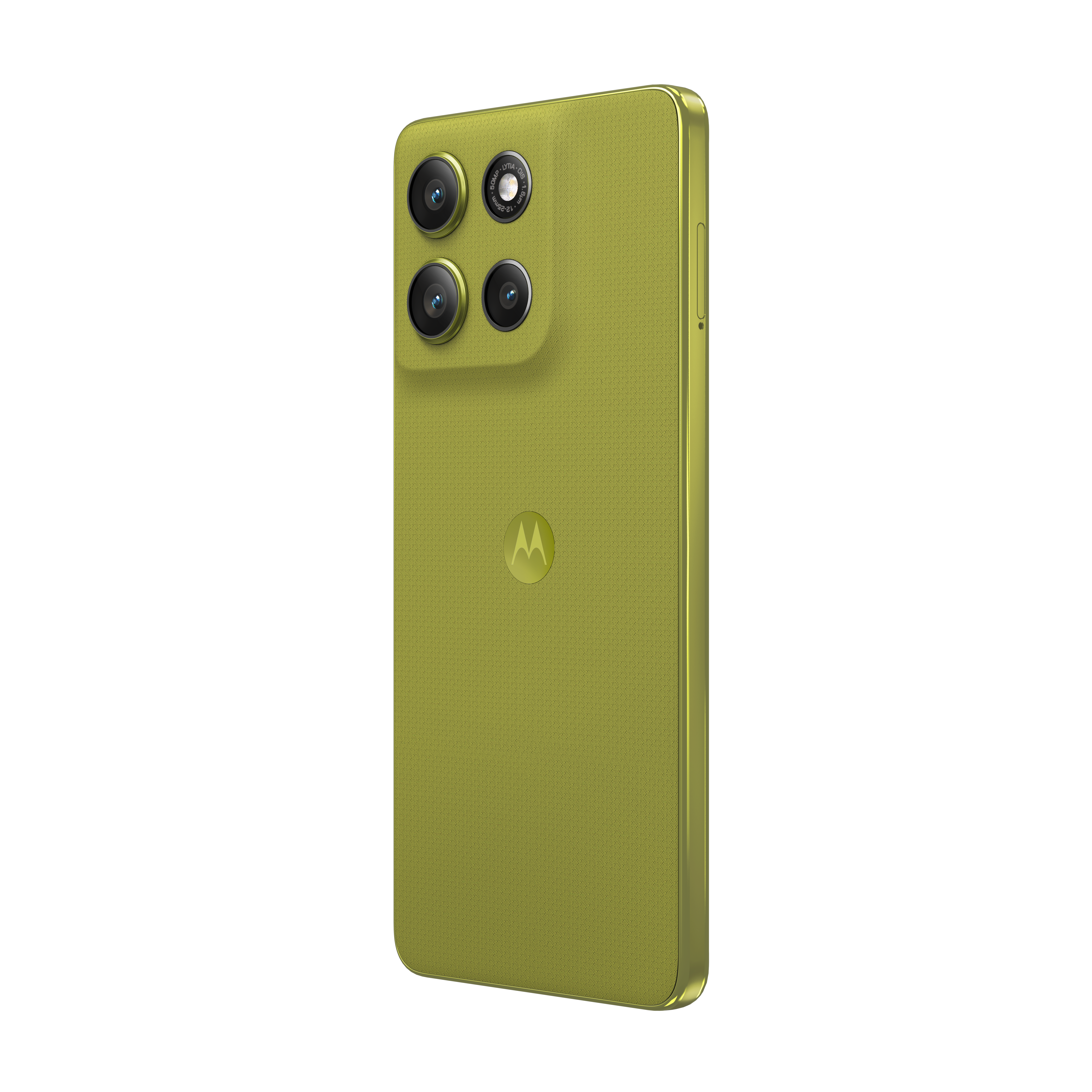 Tył limonkowo-zielonego smartfona z trzema aparatami i logo Motorola.