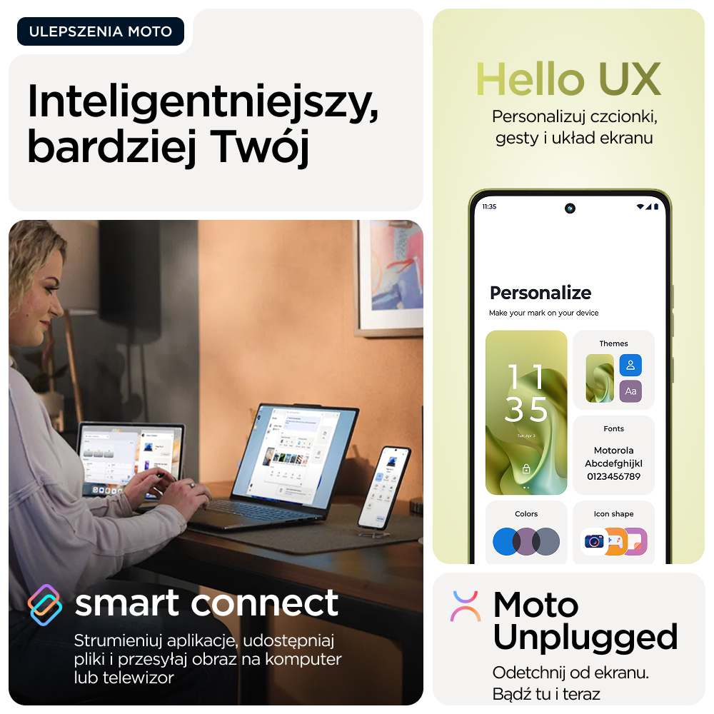 Kobieta pisze na laptopie, obok dwa inne laptopy i smartfon.