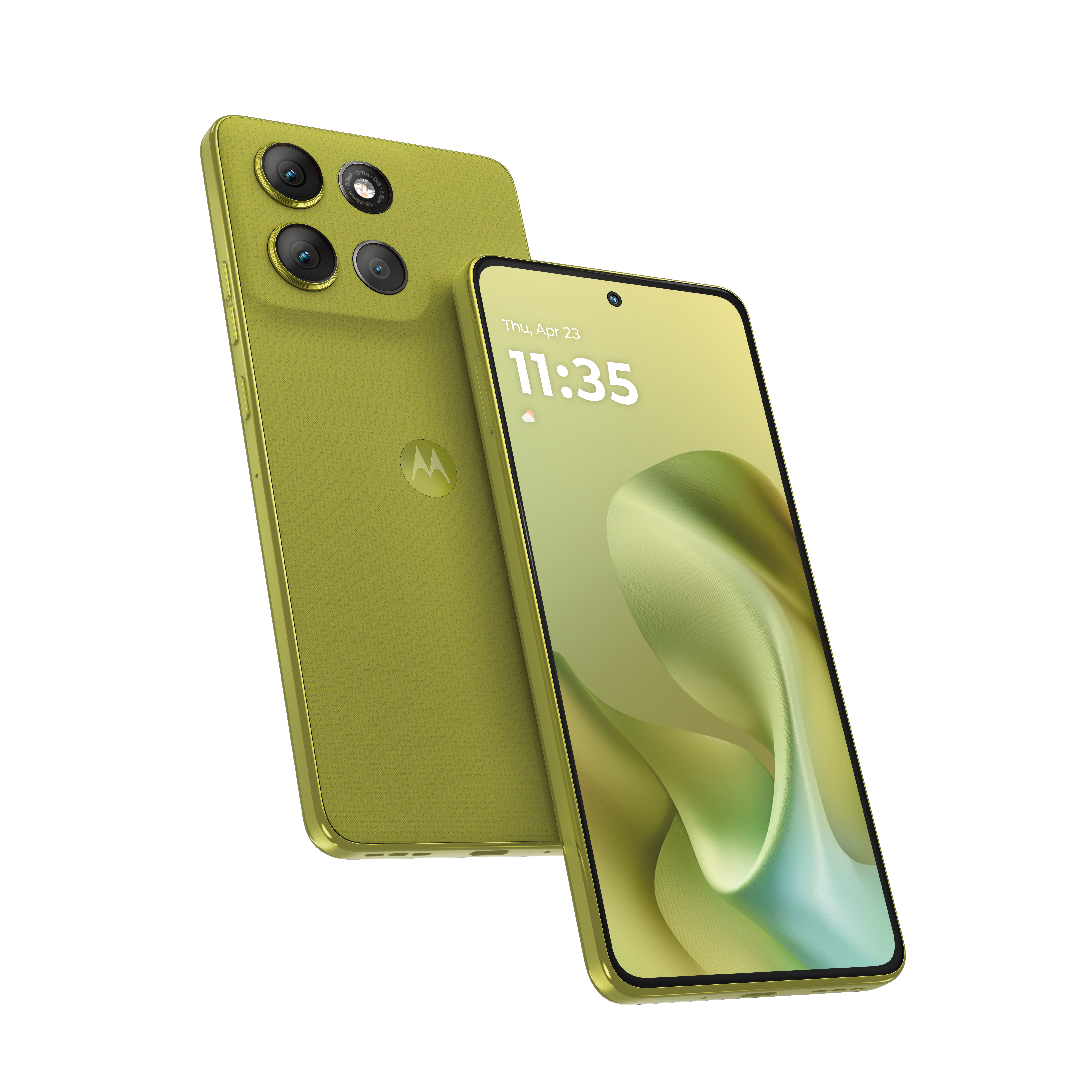 Żółty smartfon z trzema tylnymi aparatami i ekranem.