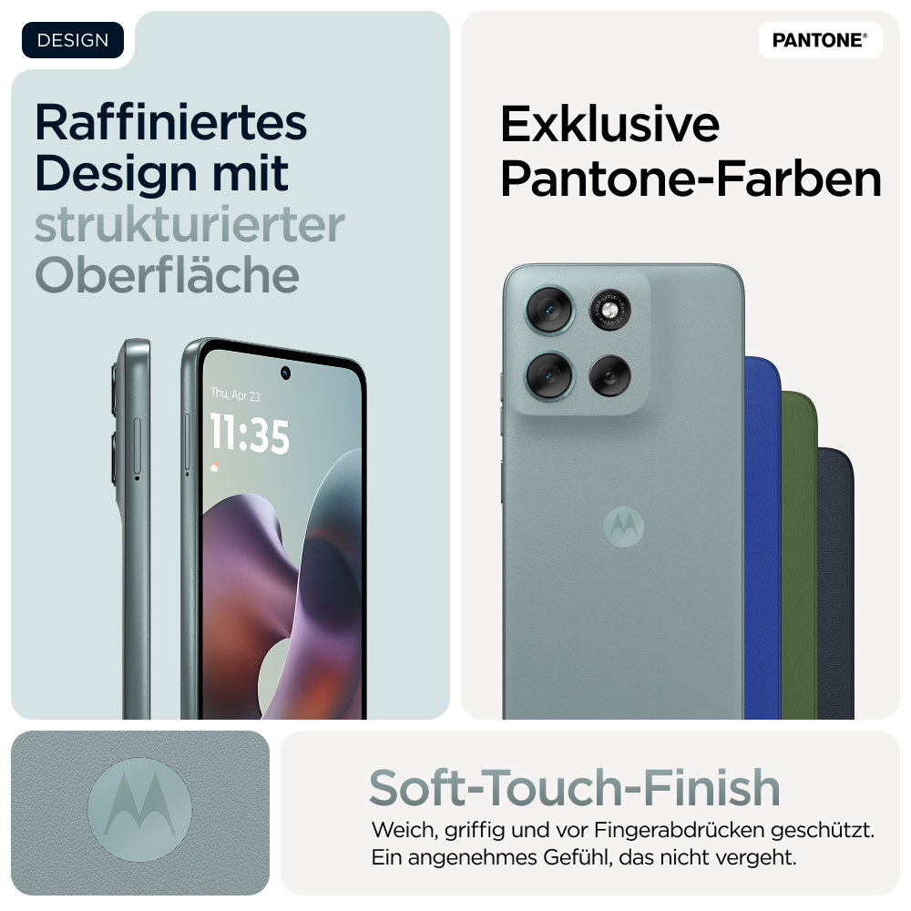 Ein Motorola Handy in Blaugrün mit vier Kameras und verschiedenen Farboptionen.