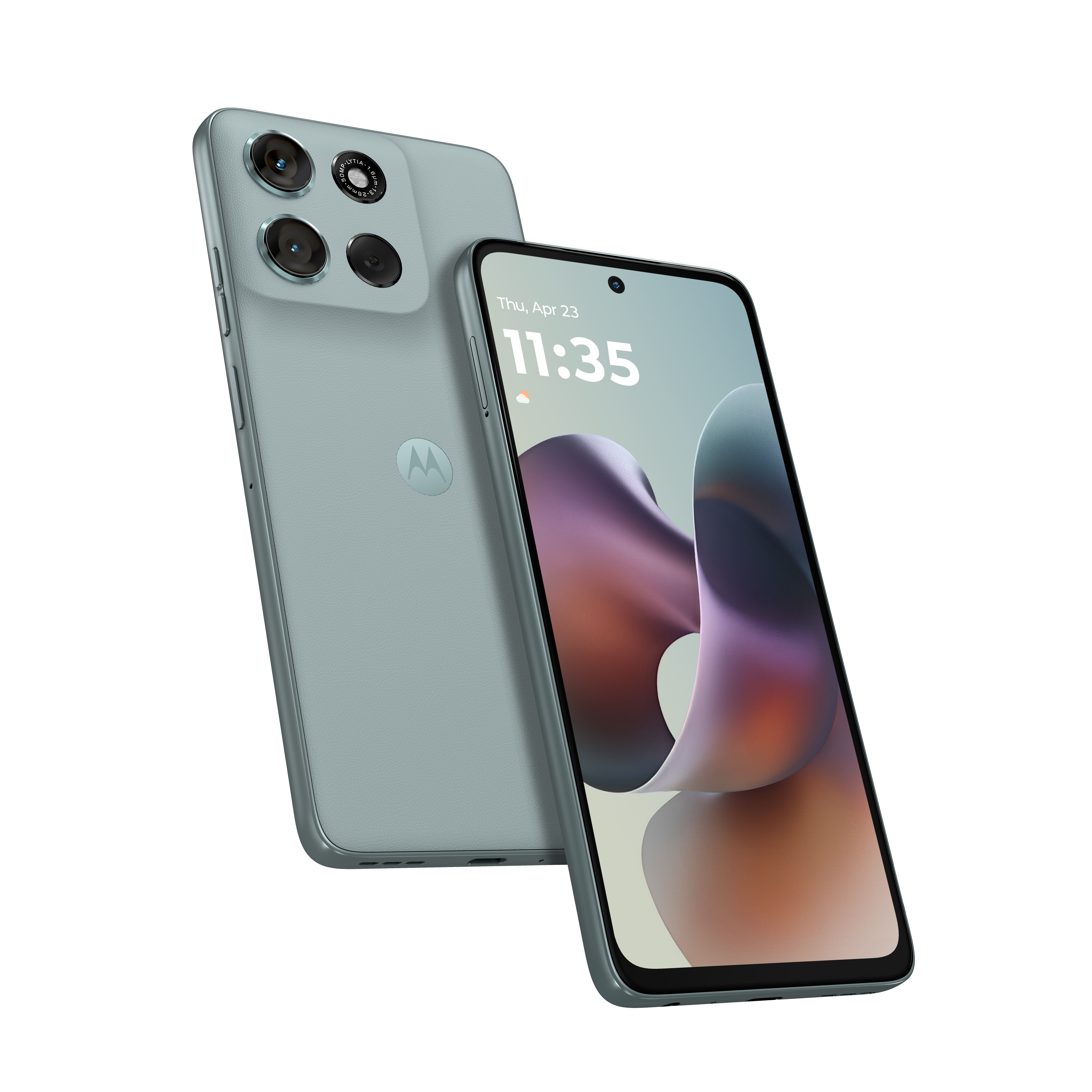 Ein hellgrünes Smartphone mit drei Kameras auf der Rückseite und einem Motorola-Logo.