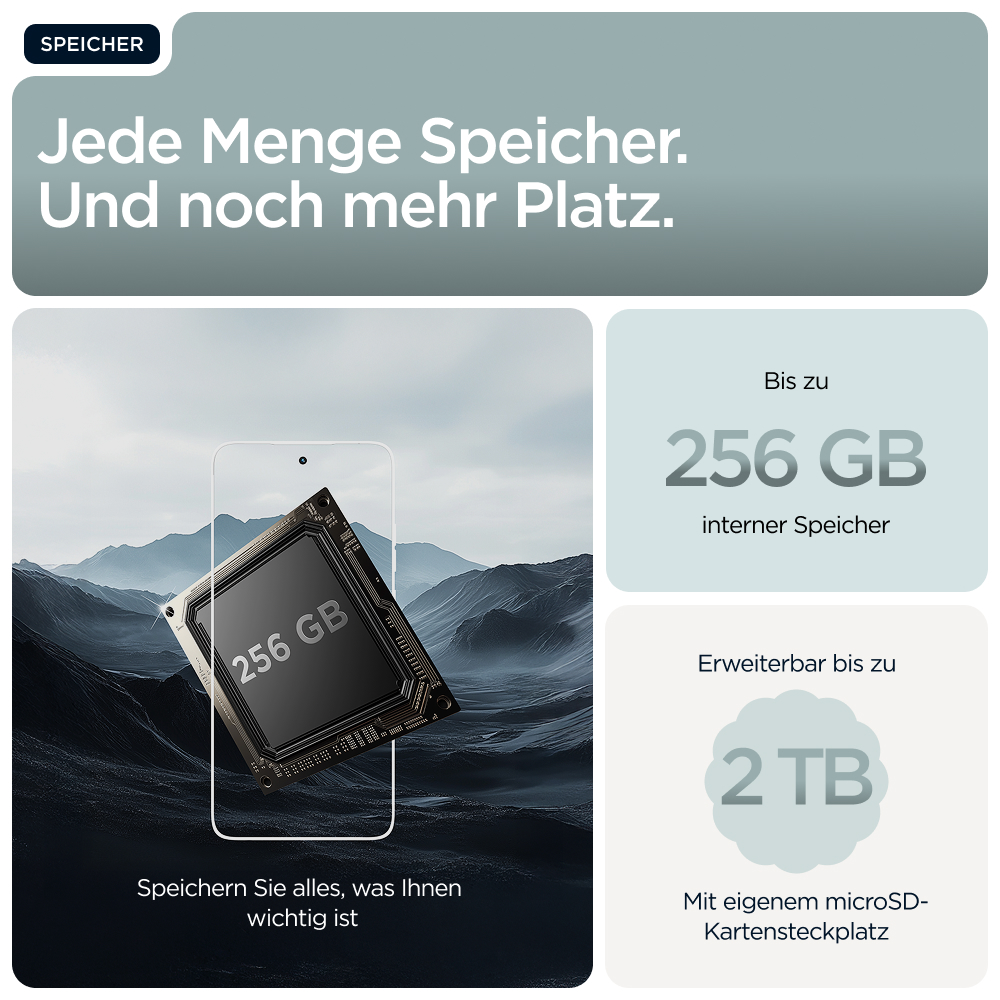Ein Smartphone-Chip mit 256 GB Speicher auf dunklem, bergigem Hintergrund.