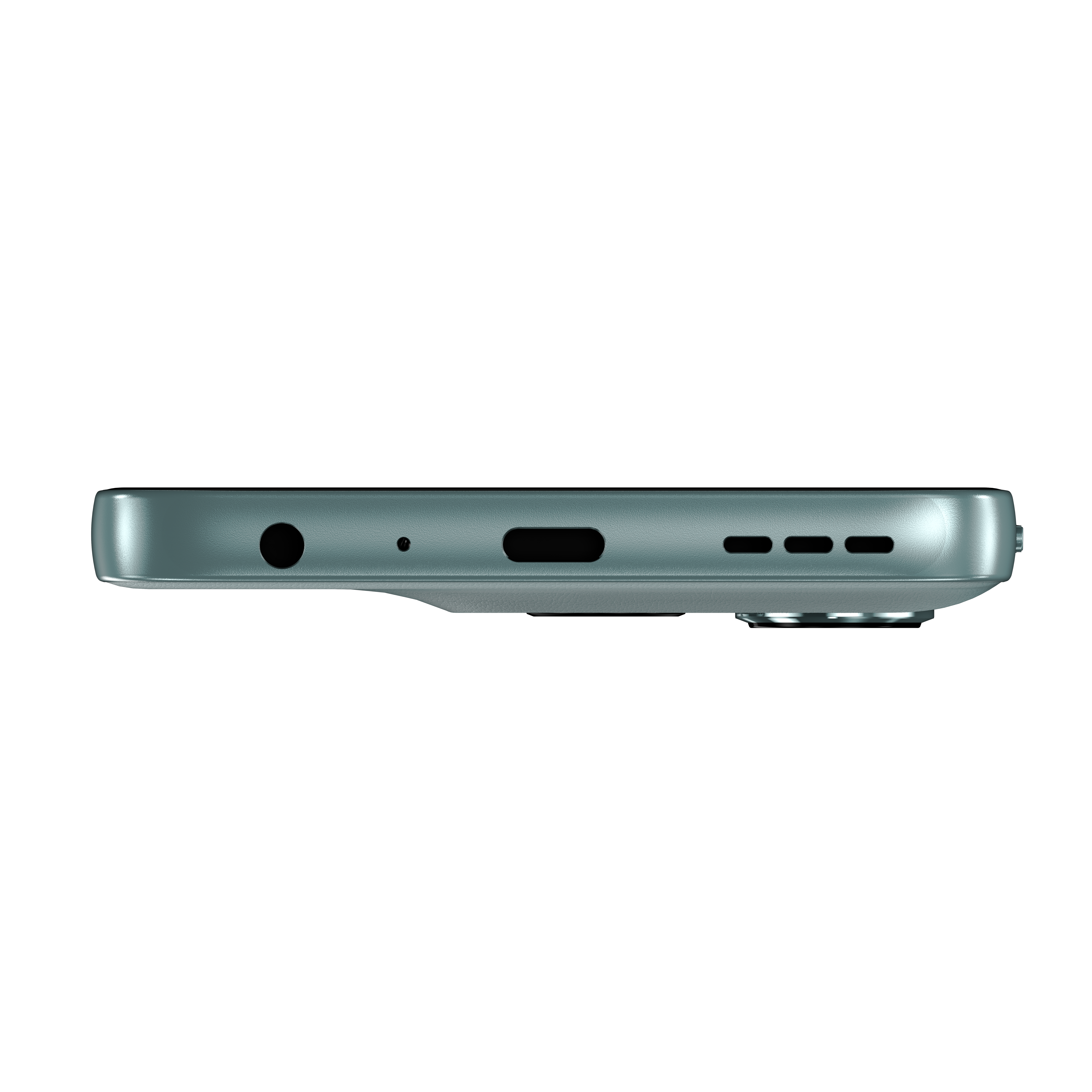 Nahaufnahme der Unterseite eines hellgrünen Smartphones mit Anschlüssen.