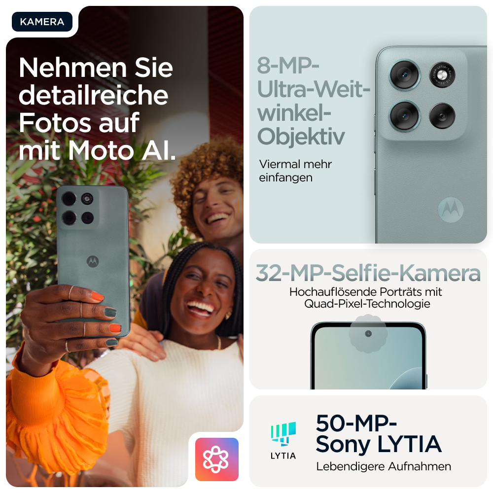 Drei Personen machen ein Selfie mit einem grünen Moto Handy. Kamera-Features werden angezeigt.