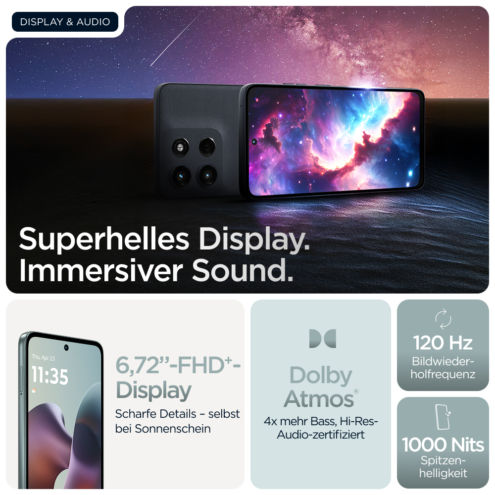 Smartphone mit Superhelles Display und Immersiver Sound. Details zu 6,72 Zoll FHD+ Display, Dolby Atmos, 120 Hz.