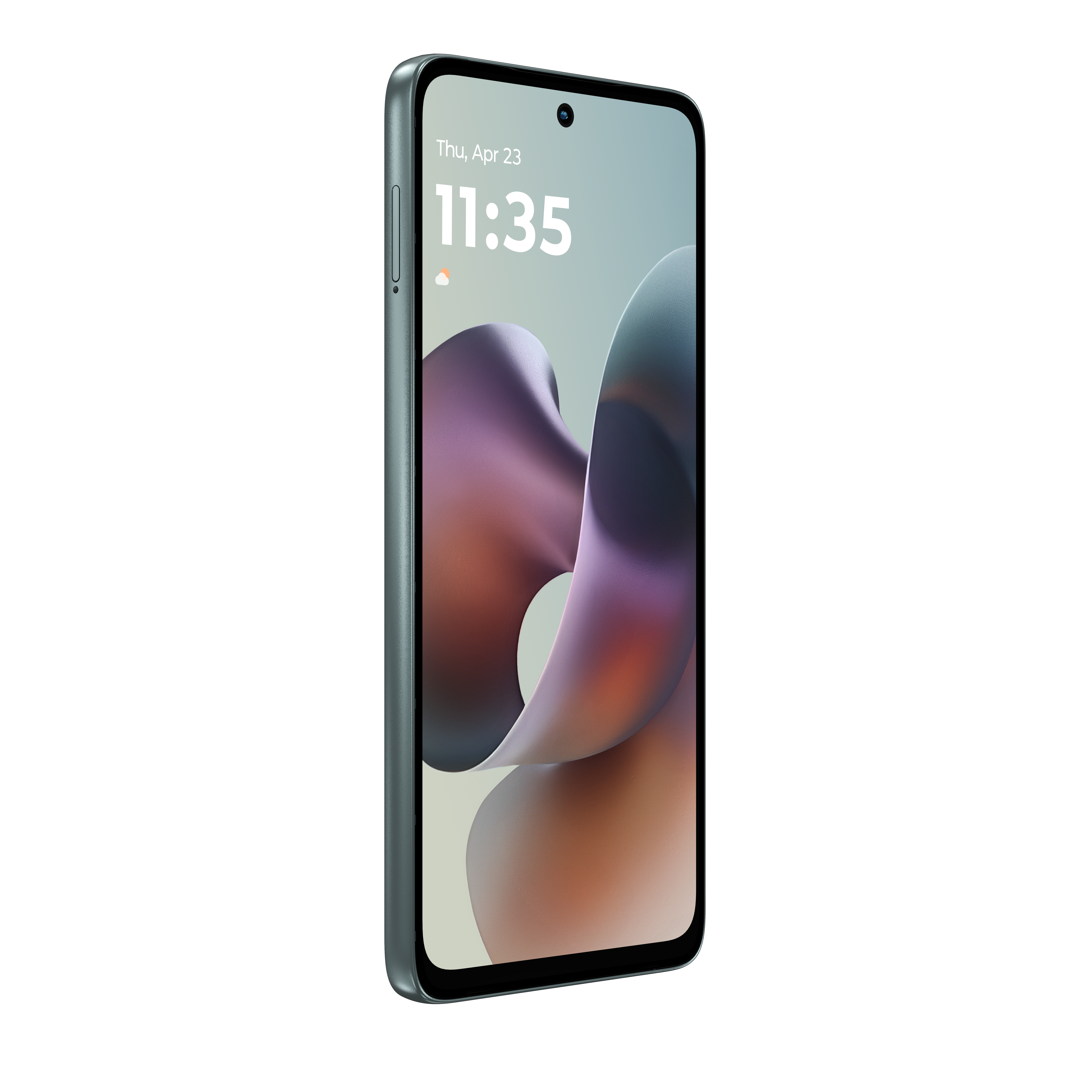 Ein hellgraues Smartphone mit einem abstrakten Hintergrund auf dem Bildschirm.
