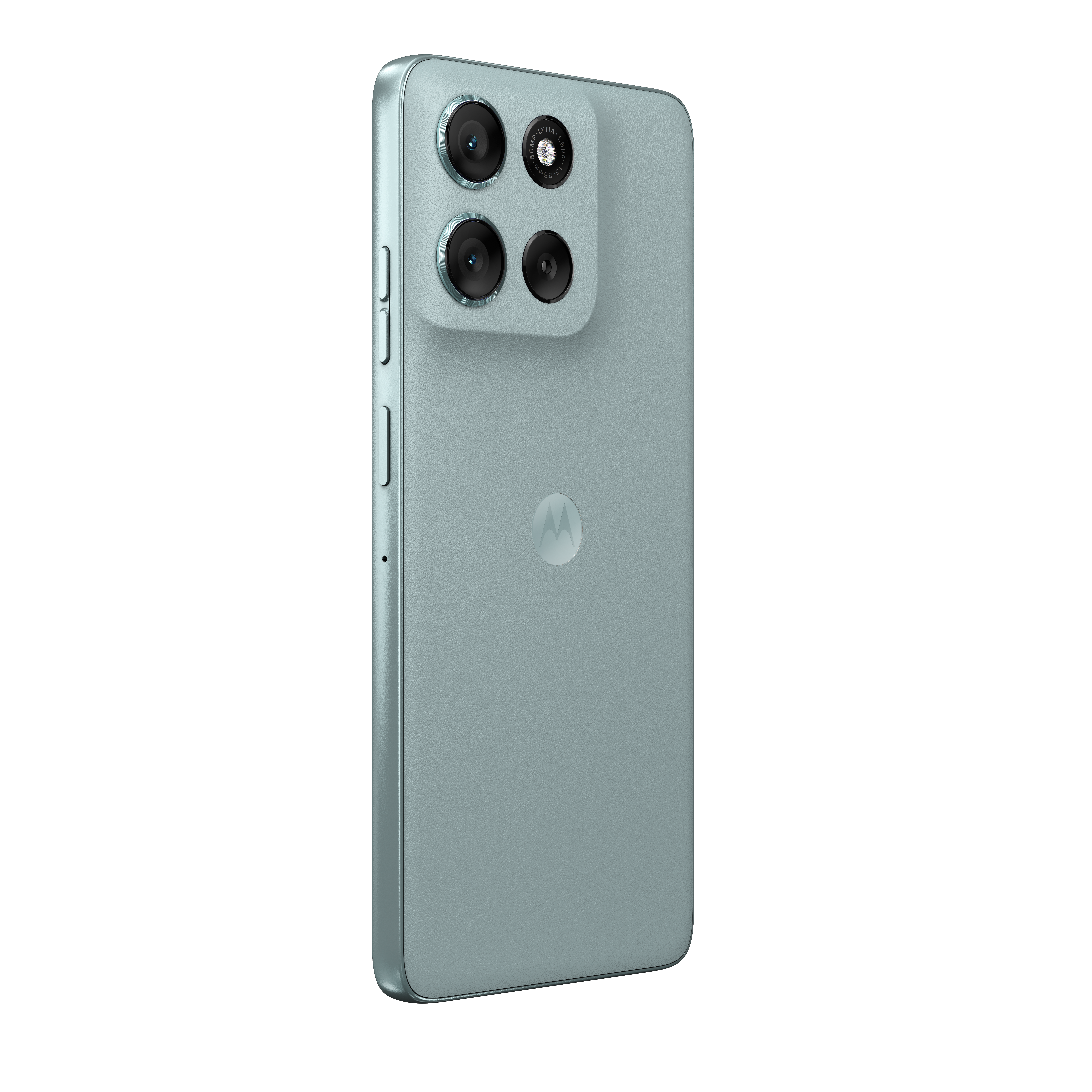 Rückseite eines türkisfarbenen Motorola-Smartphones mit drei Kameras und Logo.