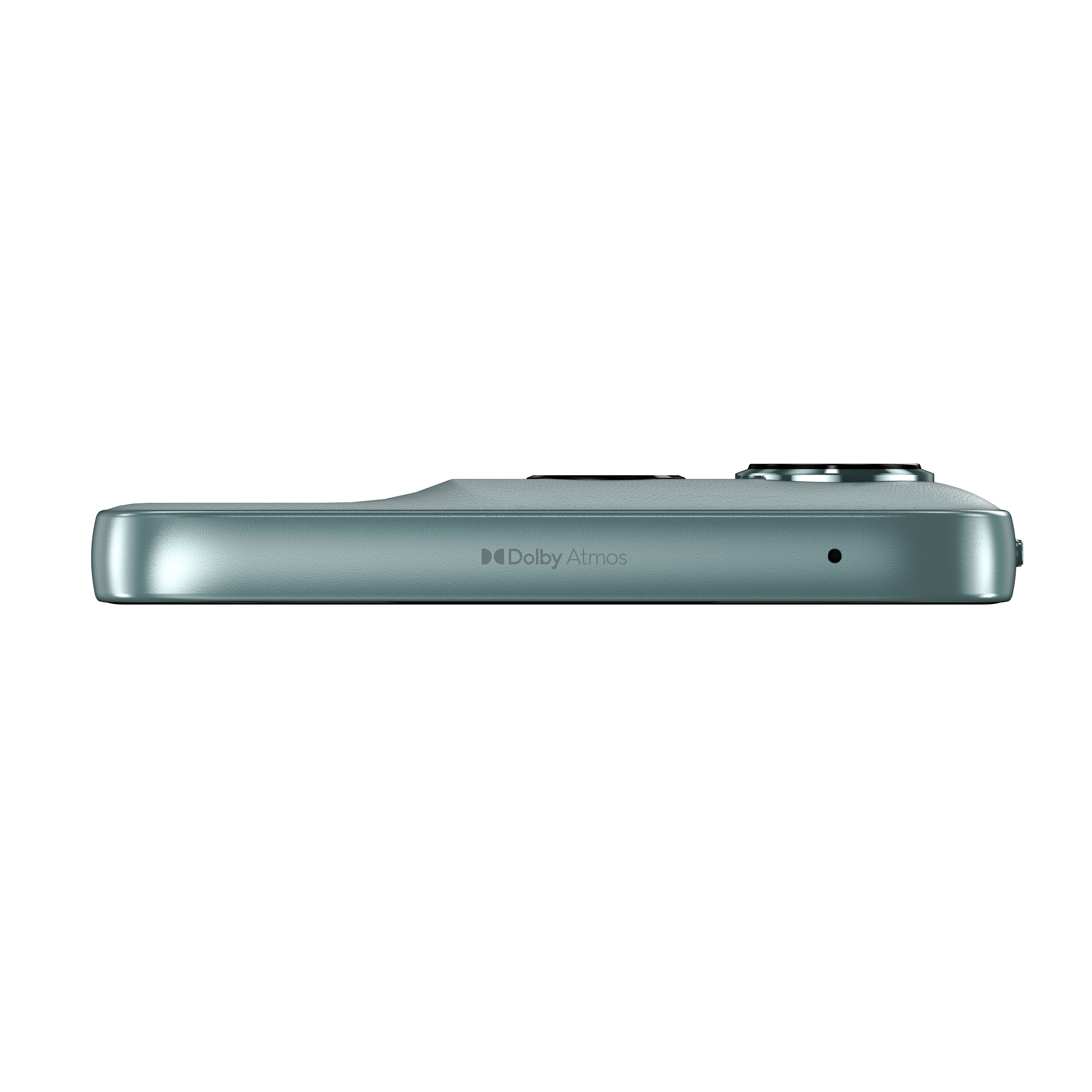 Ein hellblaues Smartphone mit Dolby Atmos-Logo auf schwarzem Hintergrund.
