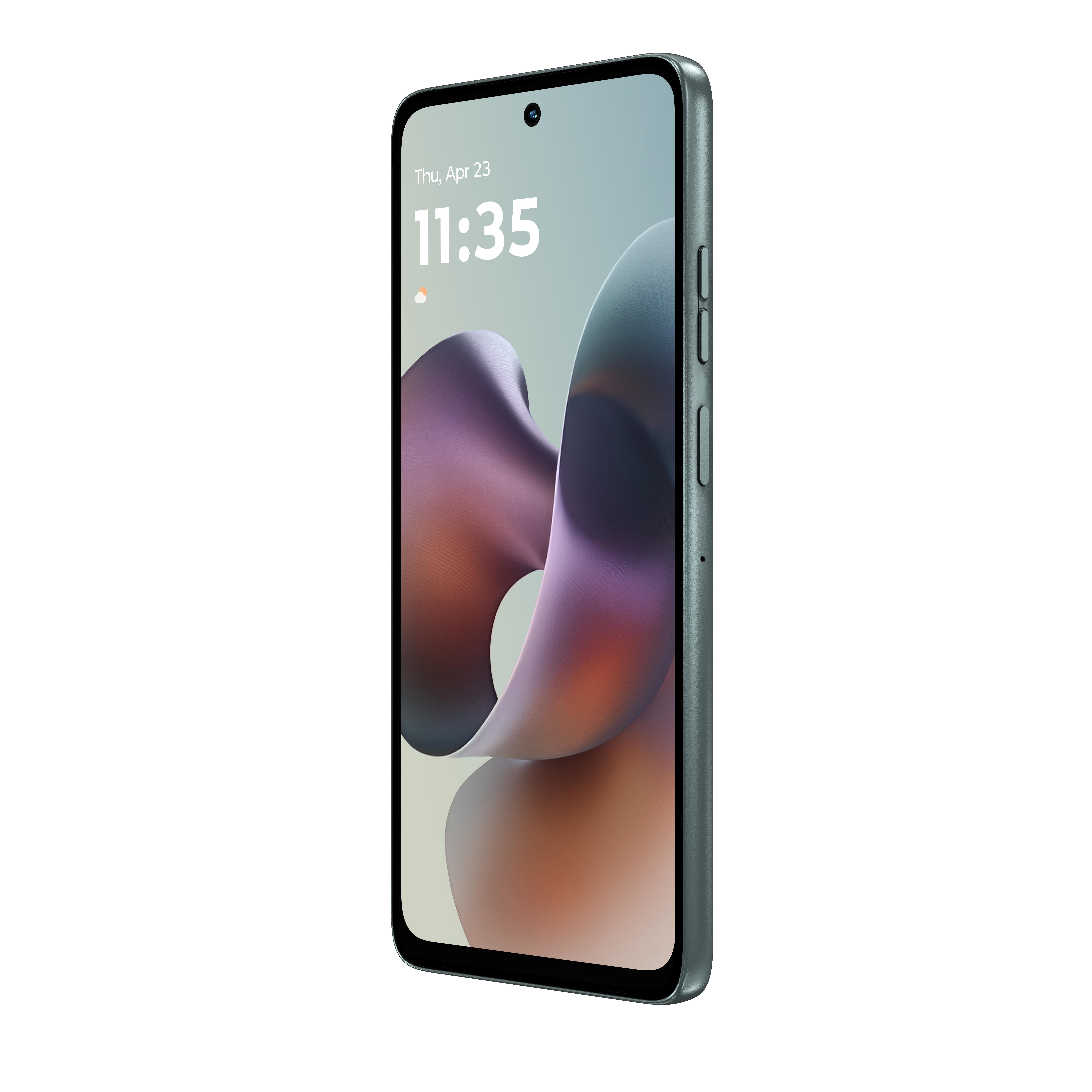 Graues Smartphone mit abstrakter Hintergrundgrafik und Uhrzeit 11:35.