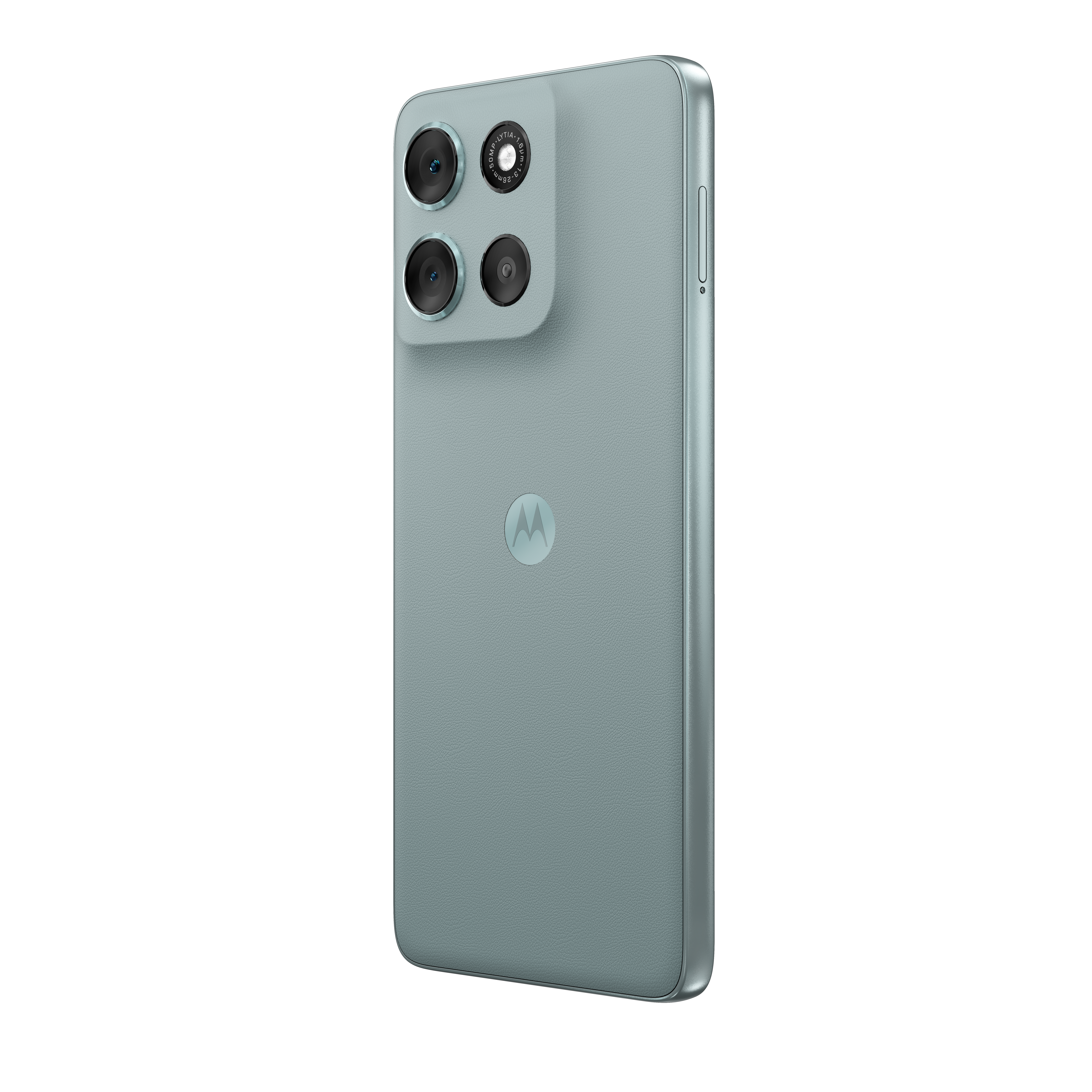 Ein türkisfarbenes Smartphone mit drei Kameras auf der Rückseite und einem Motorola-Logo.