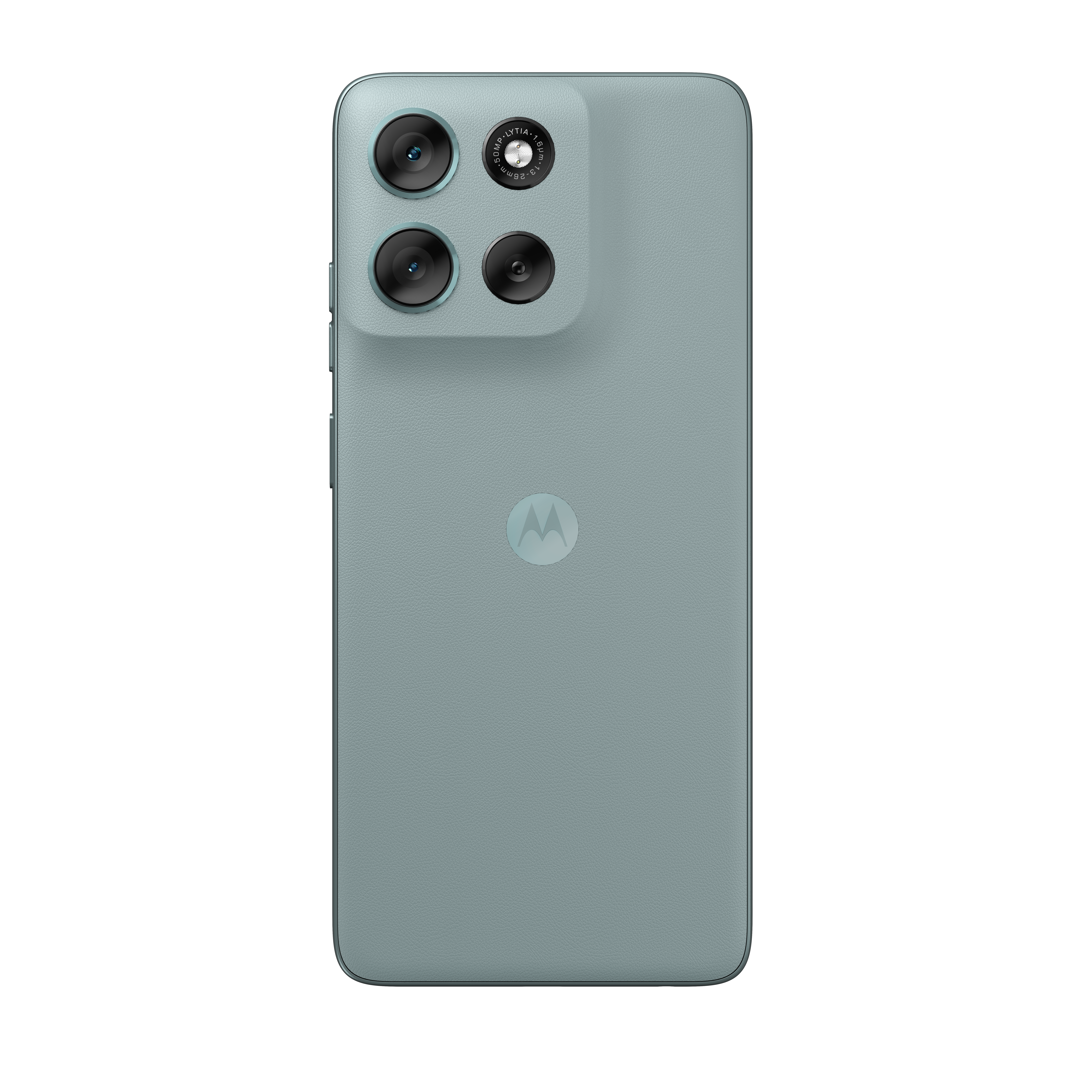Rückseite eines hellgrünen Smartphones mit drei Kameras und einem Motorola-Logo.