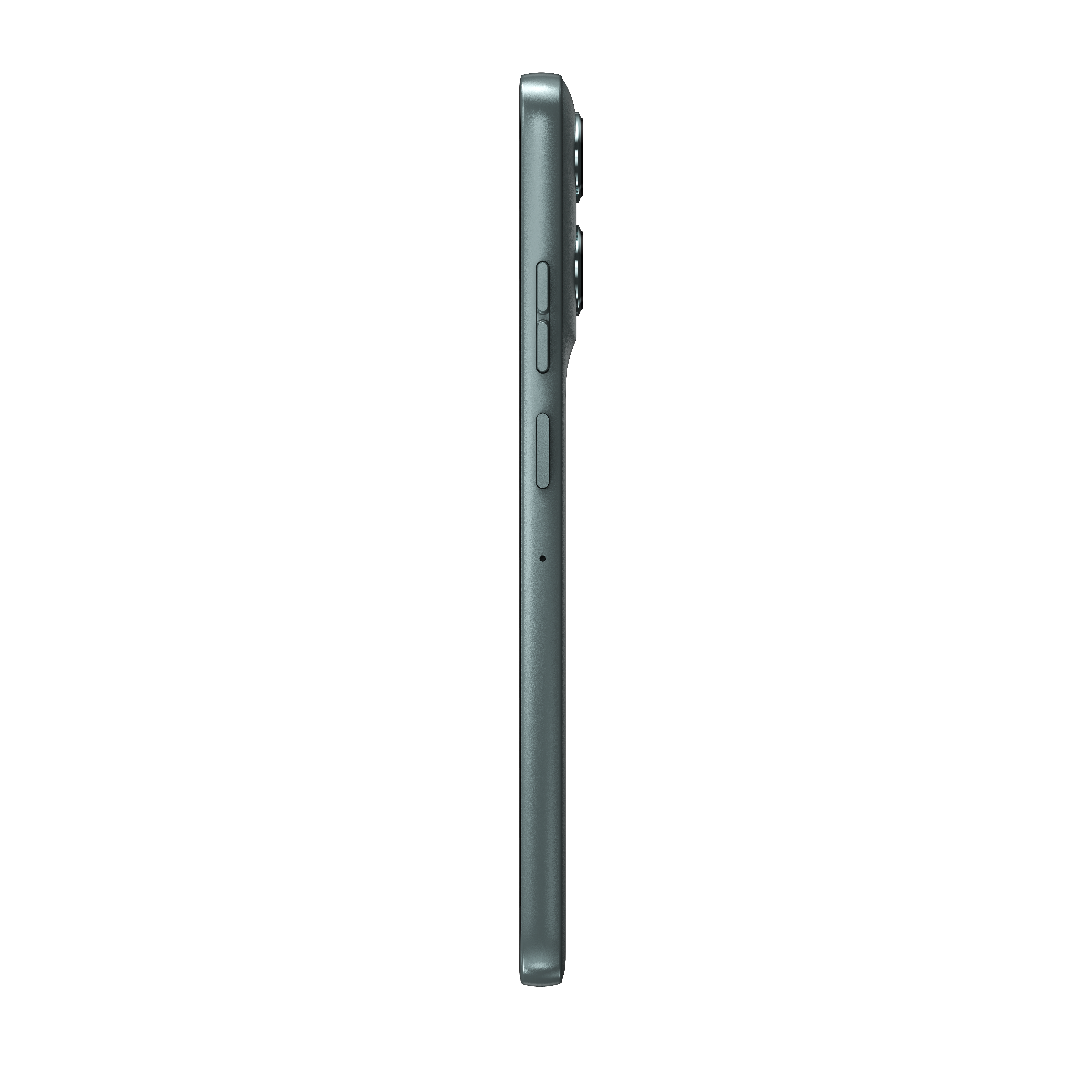 Graues Smartphone von der Seite mit Kameralinsen und Knöpfen.